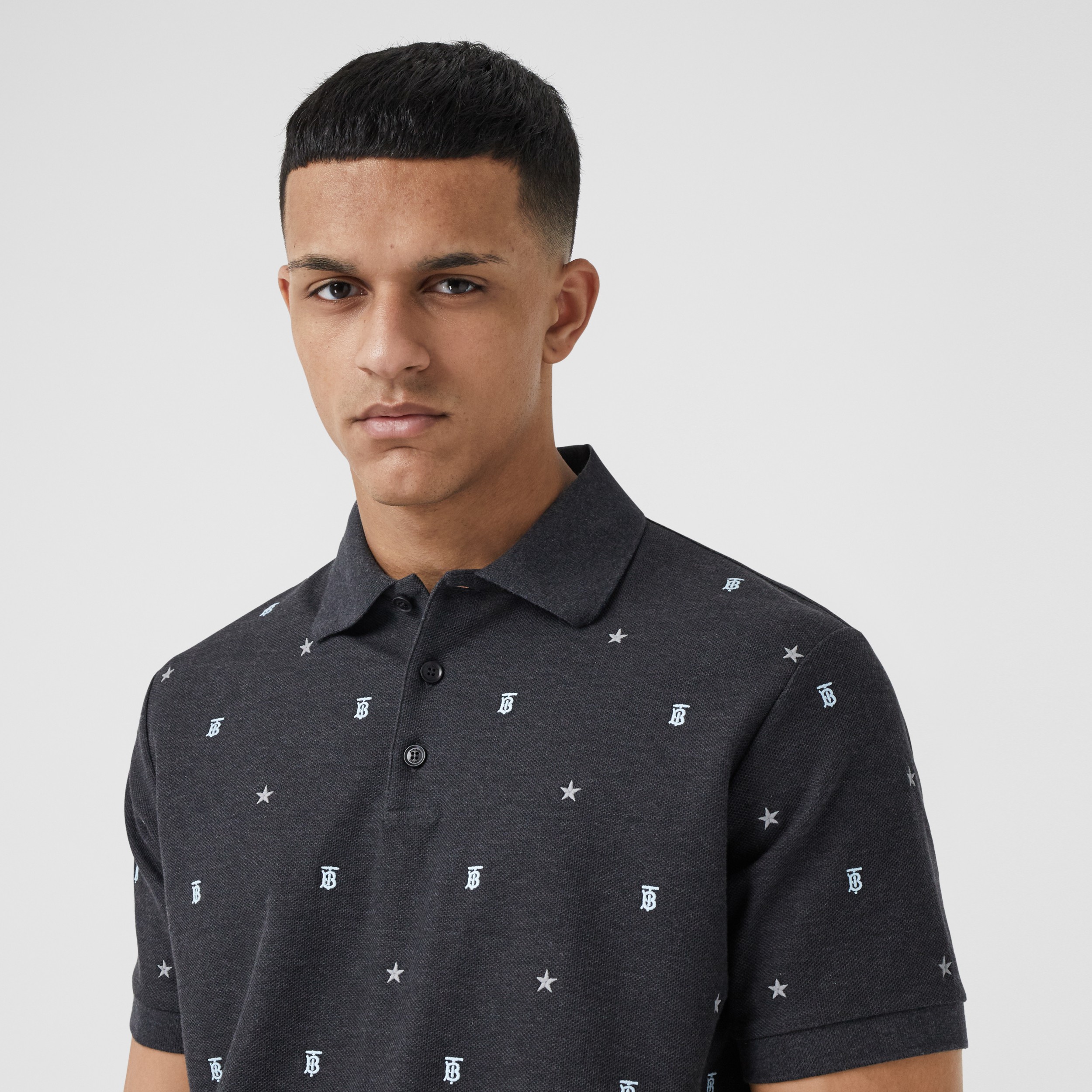 Star and Monogram Motif Cotton Piqué Polo Shirt in Charcoal Melange ...