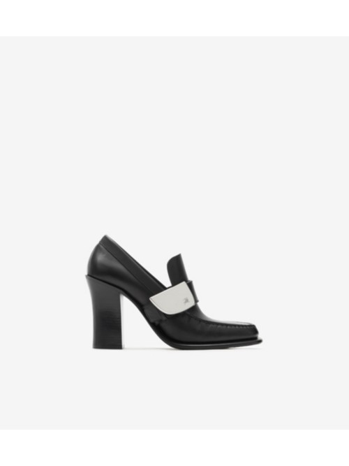 Shop Burberry Leather London Shield High Heeled Loafers In Black