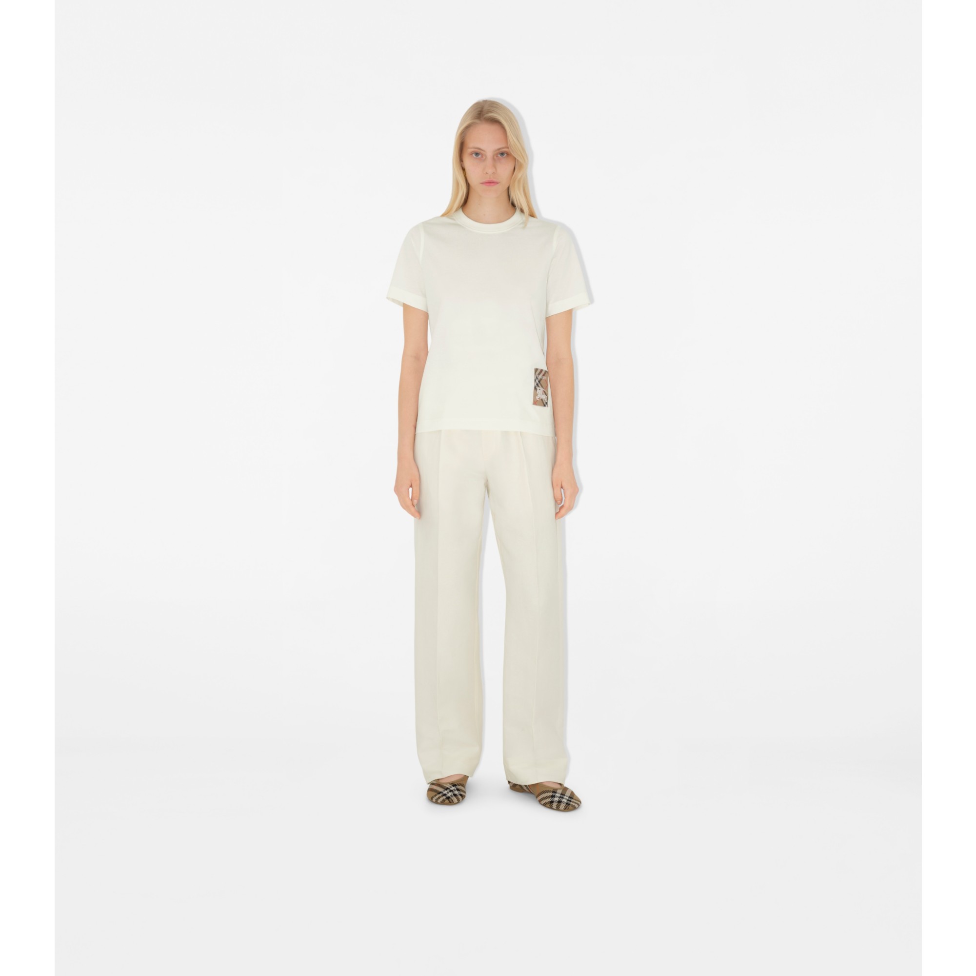 Check Label Cotton T-shirt in Chalk - Women | Burberry® Official