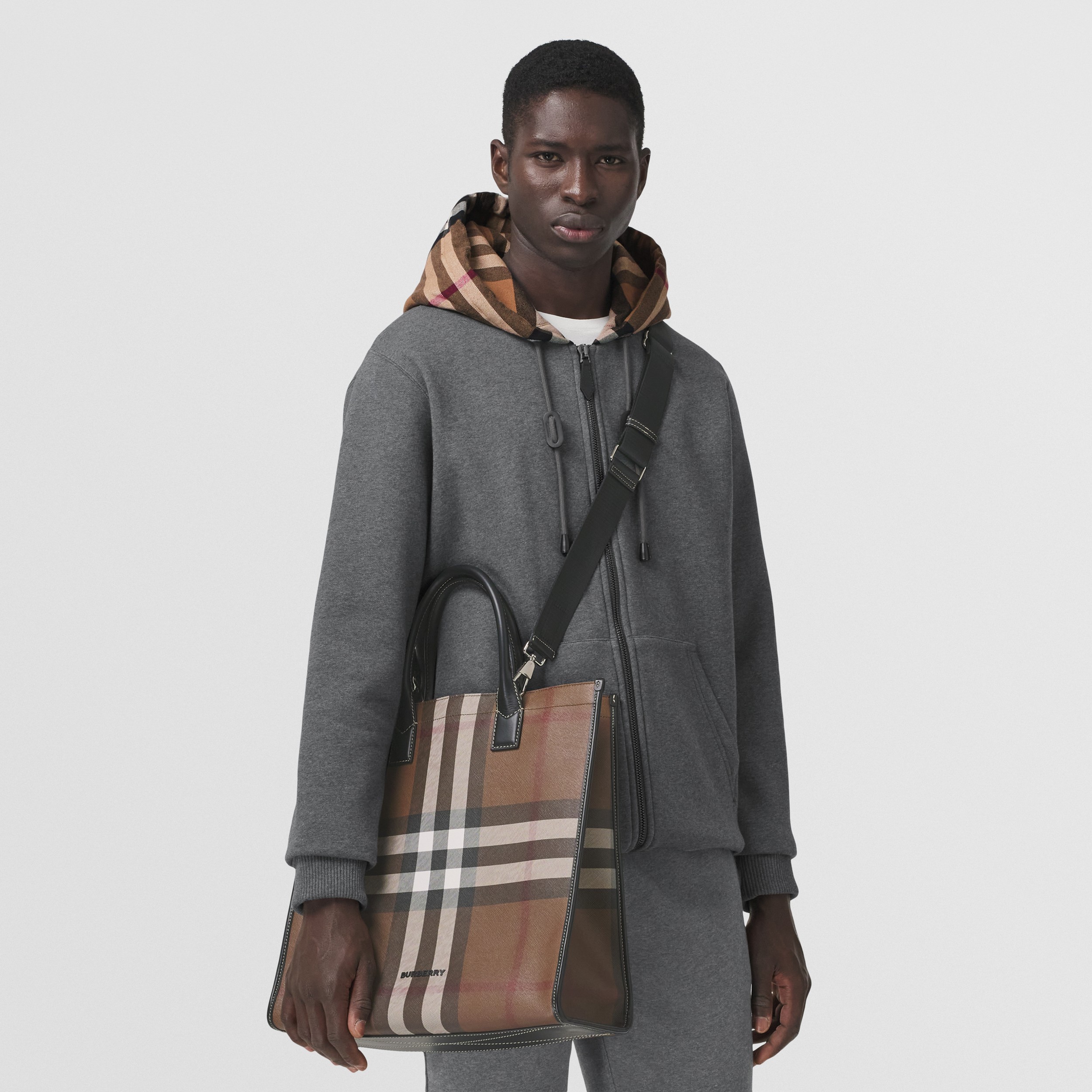 Check and Leather Tote in Dark Birch Brown - Men | Burberry® Official - 3
