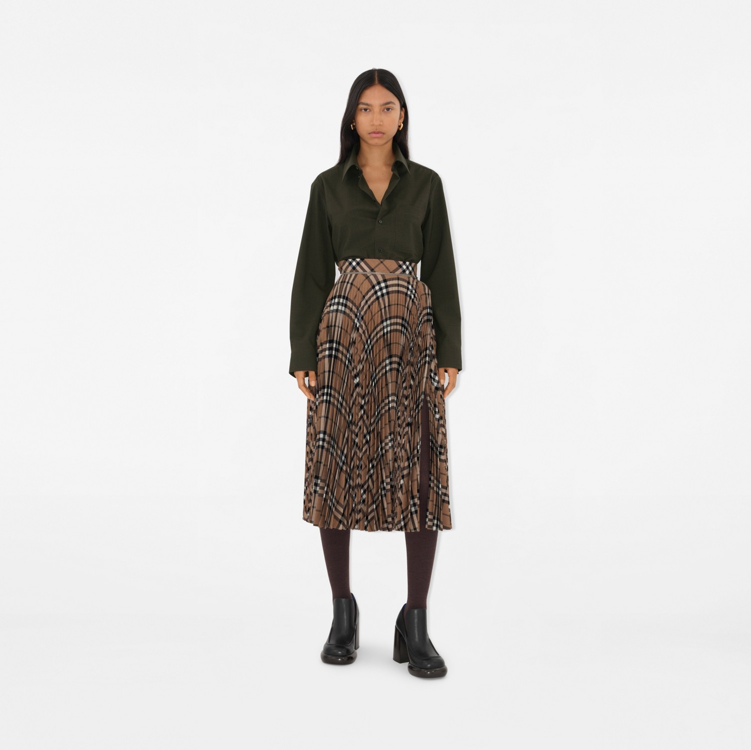 Pleated Check Wool Blend Midi Skirt in Linden - Women Pleated Check Wool Blend Midi Skirt in Linden - Women