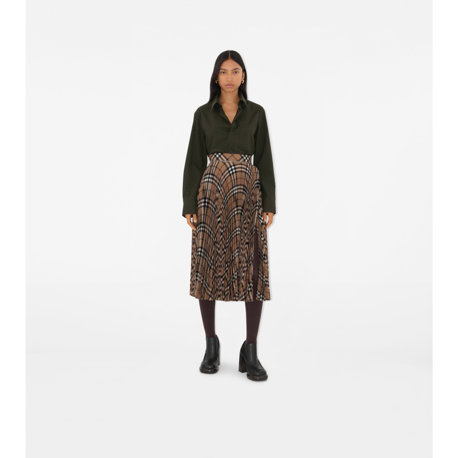 Pleated Check Wool Blend Midi Skirt