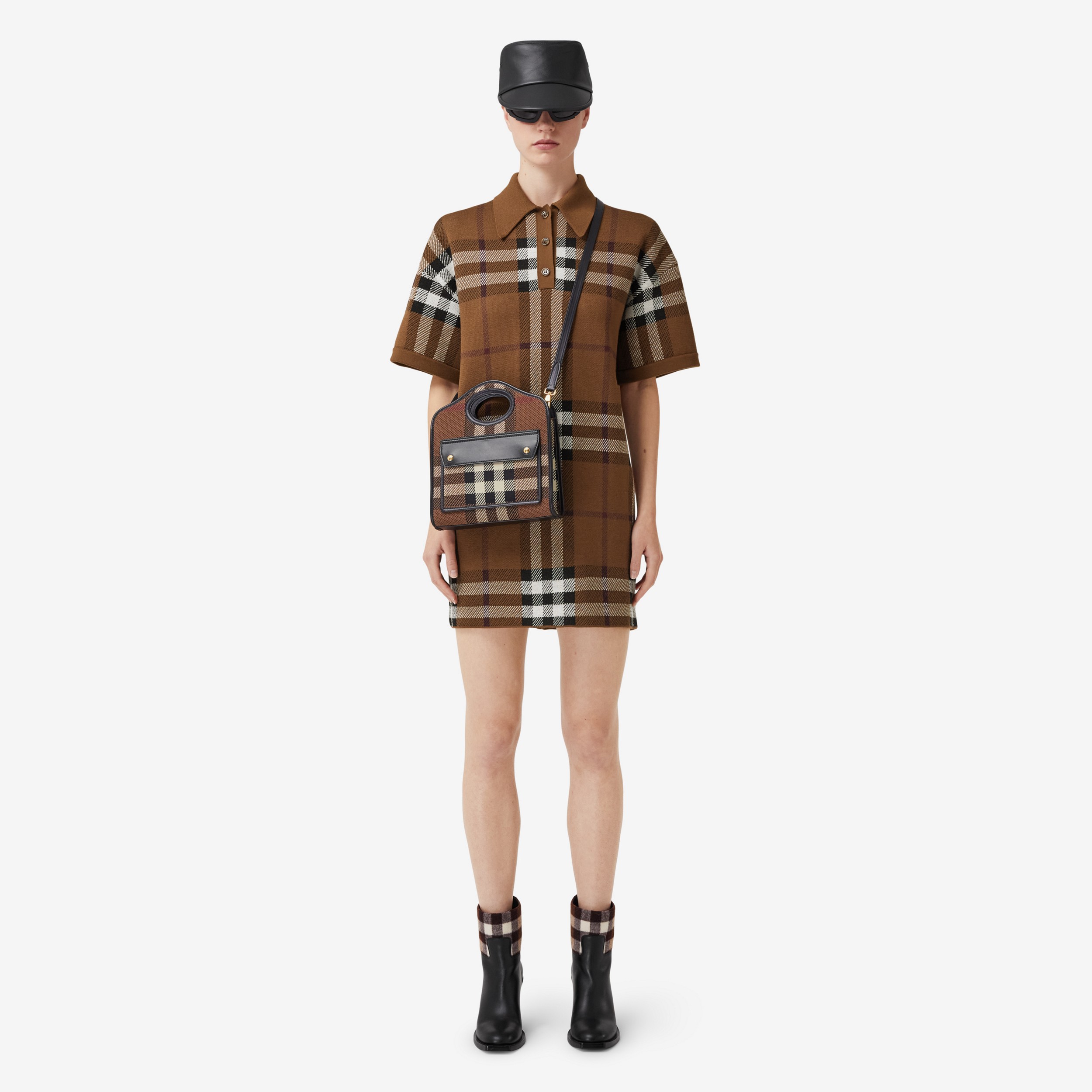 Check Wool Jacquard Polo Shirt Dress in Dark Birch Brown - Women | Burberry® Official - 3