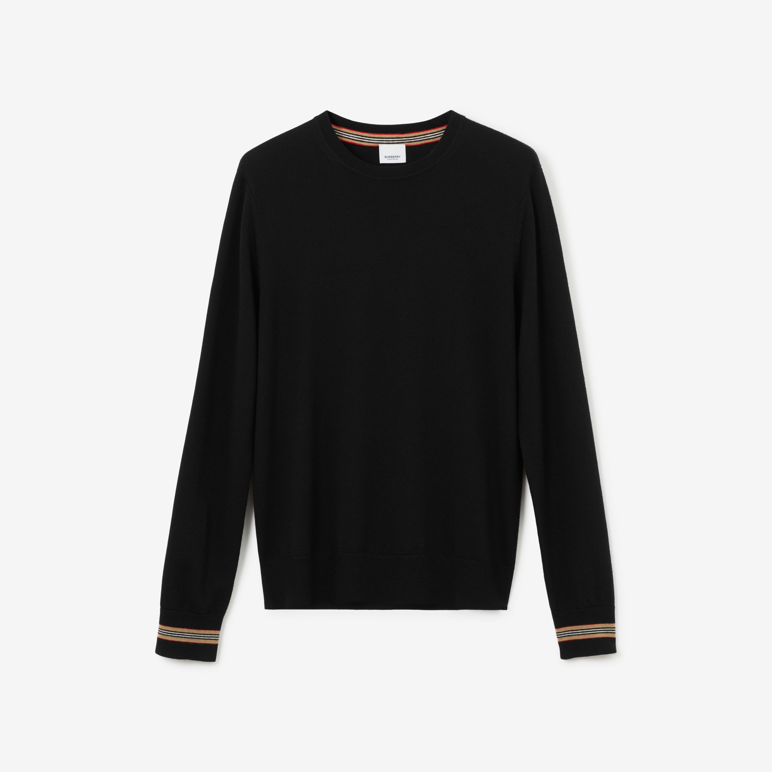 Icon Stripe Trim Wool Sweater in Black - Men | Burberry® Official