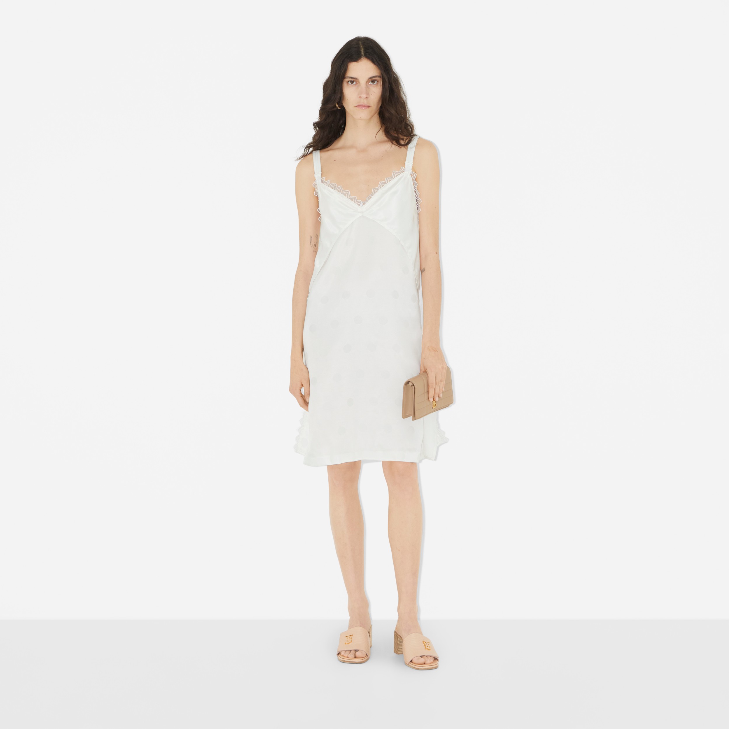Lace Trim Polka Dot Satin Slip Dress in Optic White - Women | Burberry® Official - 2