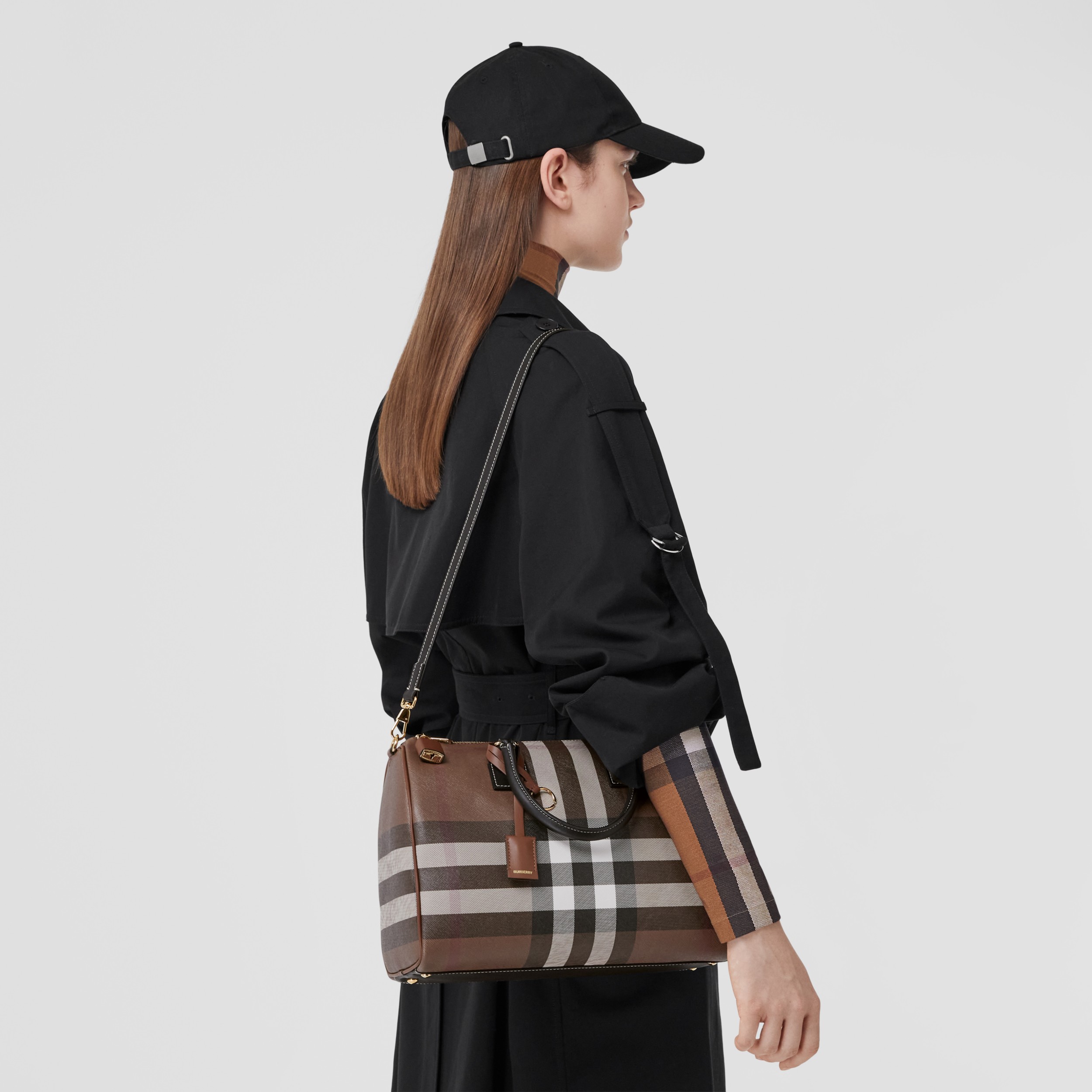 Check and Leather Medium Bowling Bag in Dark Birch Brown Women