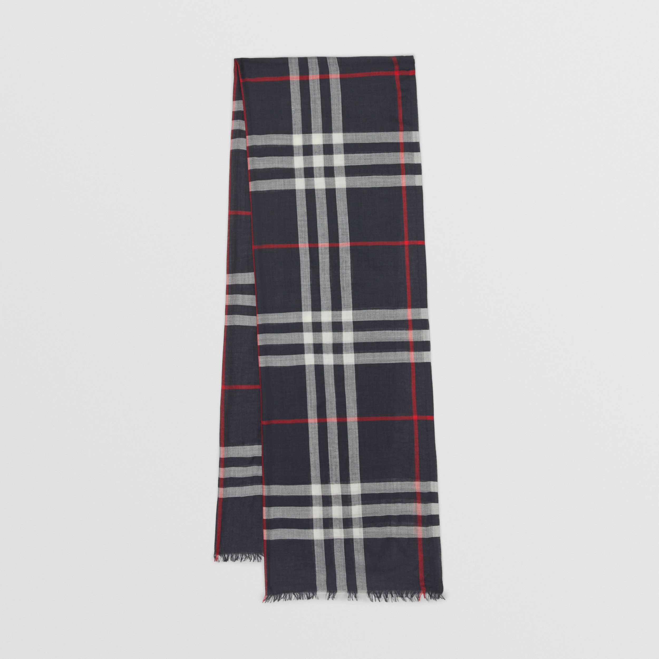 Check Lightweight Wool Silk Scarf in Navy | Burberry® Official - 1