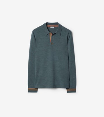Long-sleeve Wool Polo Shirt in Seaspray green melange - Men