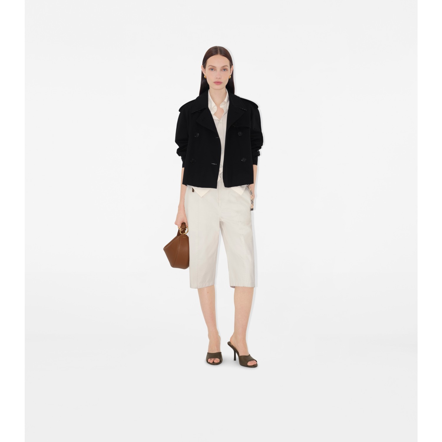 Jaqueta trench cropped de gabardine