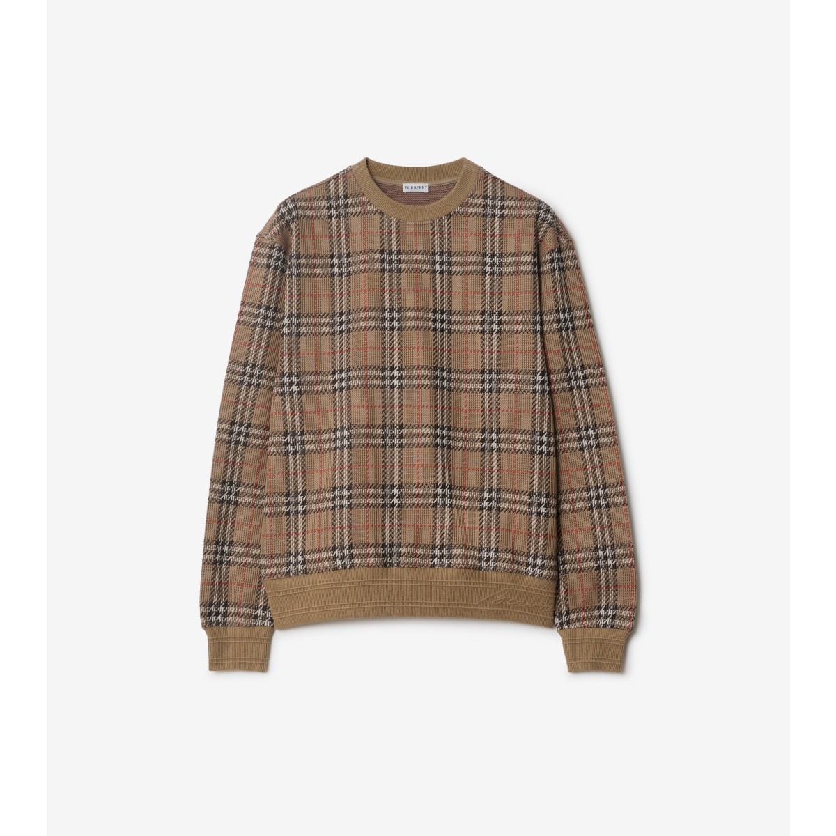 Shop Burberry Check Cotton Blend Sweater In Nut