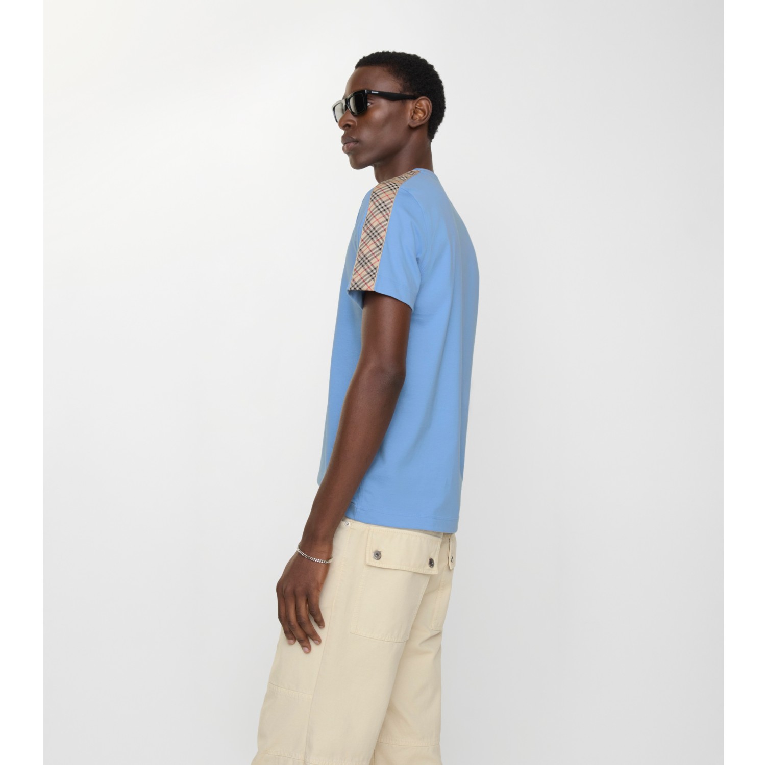 Check Trim Cotton T-shirt in Cornflower blue - Men | Burberry® Official