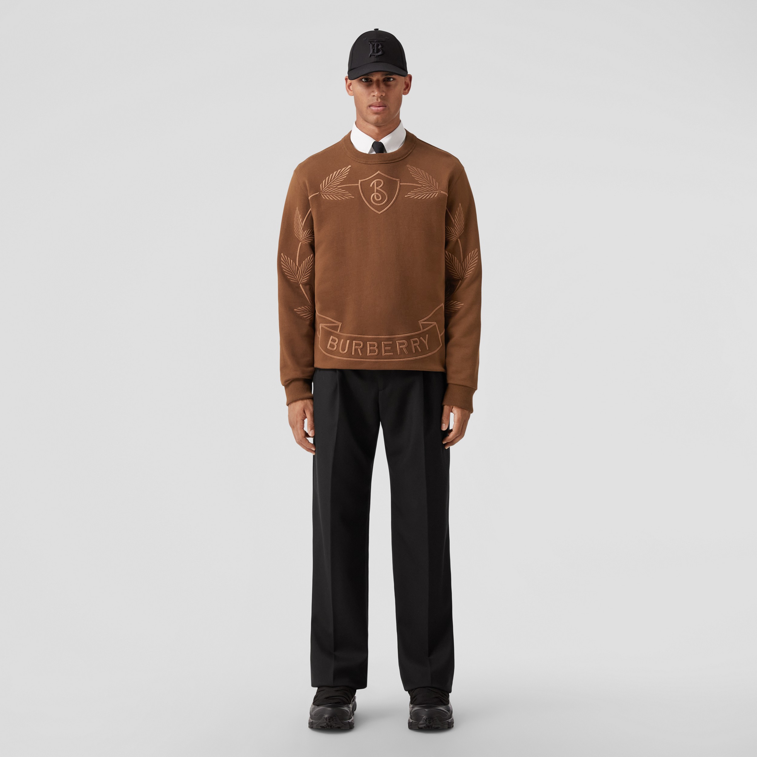 Embroidered Oak Leaf Crest Cotton Sweatshirt in Dark Birch Brown - Men | Burberry® Official - 4