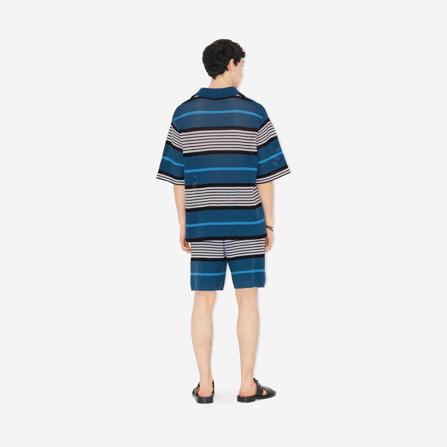Camisa oversize de nylon com mangas curtas e estampa de listras (Azul Marinho Enriquecido) - Homens | Burberry® oficial