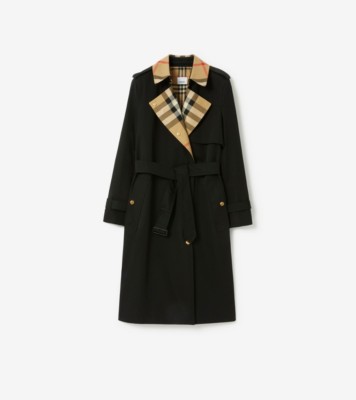 Long Check Collar Gabardine Trench Coat in Black - Women, Cotton Gabardine  | Burberry® Official