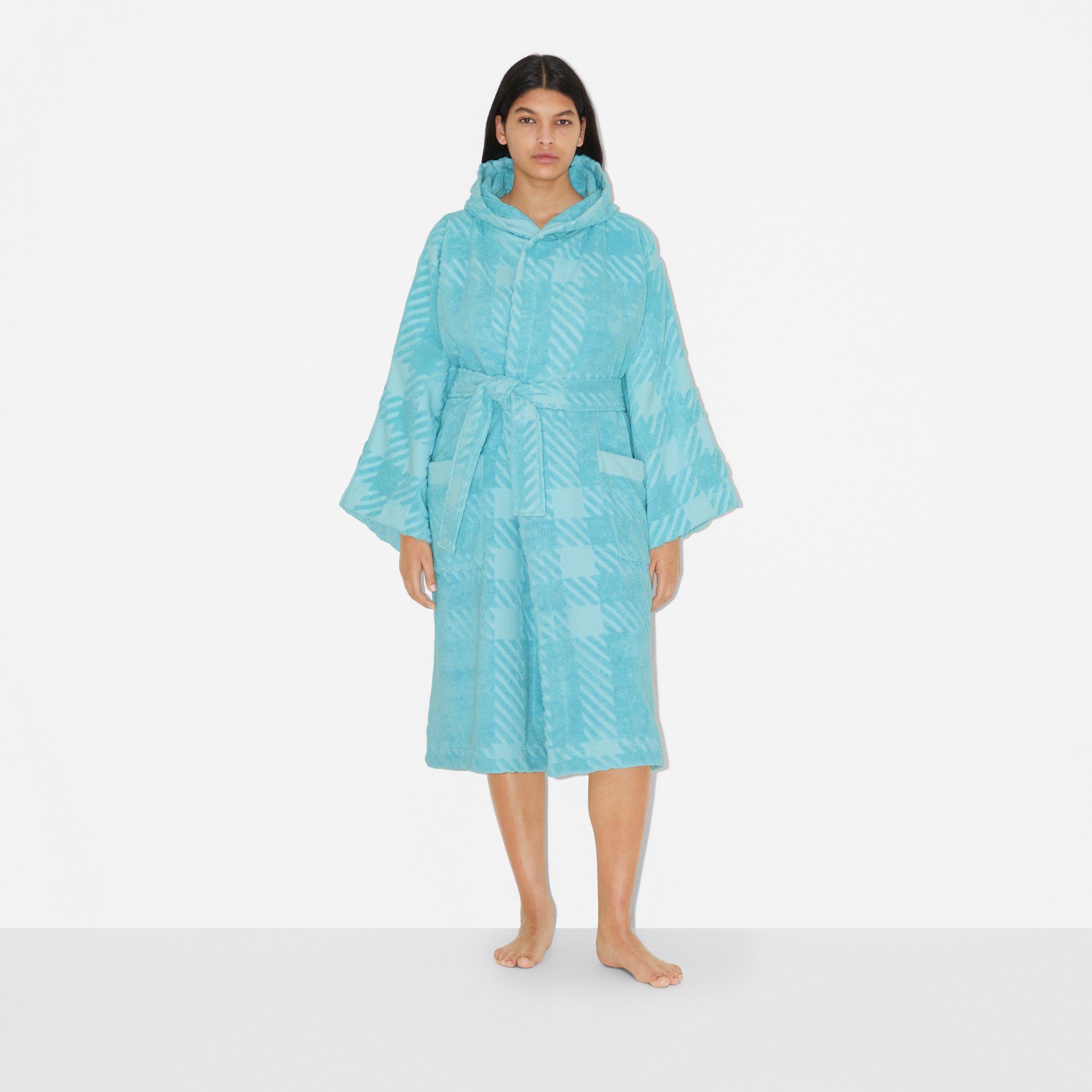 Check Cotton Jacquard Hooded Robe in Bright Blue Topaz | Burberry® Official - 2