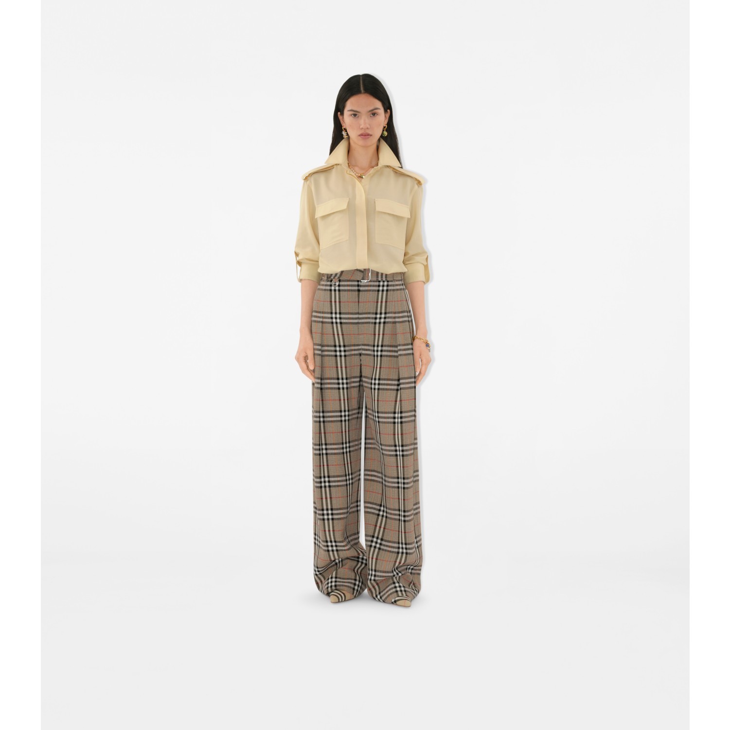 Check Silk Blend Belted Trousers in Limestone beige - Women | Burberry® Official
