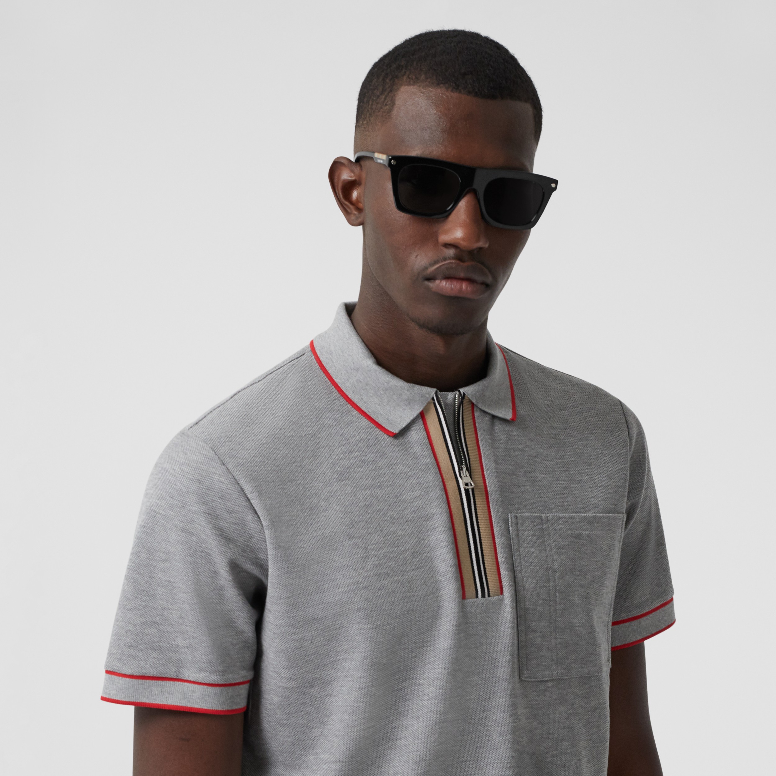 Icon Stripe Detail Cotton Zip-front Polo Shirt in Pale Grey Melange ...
