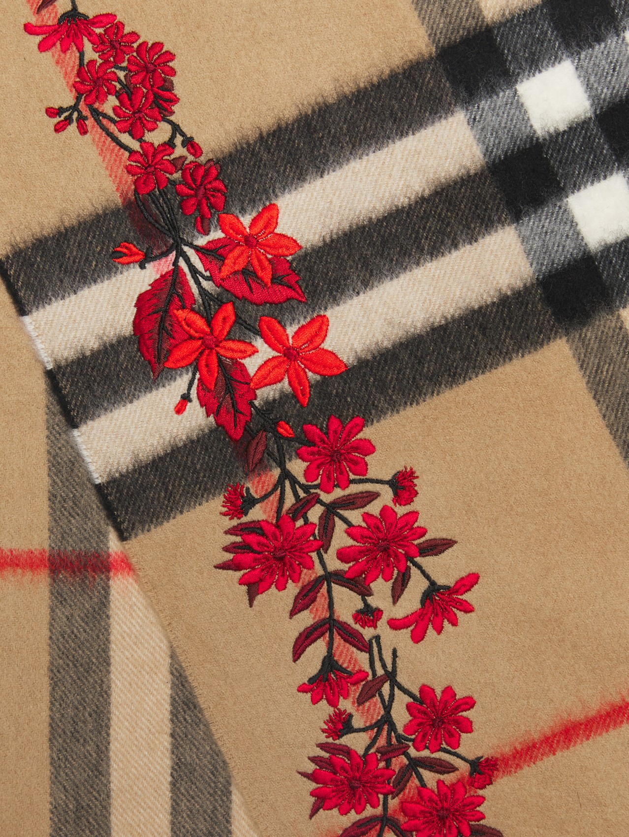 Floral Motif Check Cashmere Scarf – Online Exclusive in Archive Beige