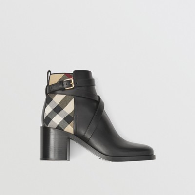Burberry Pryle Check-print Leather Heeled Ankle Boots In Black/archive Beige