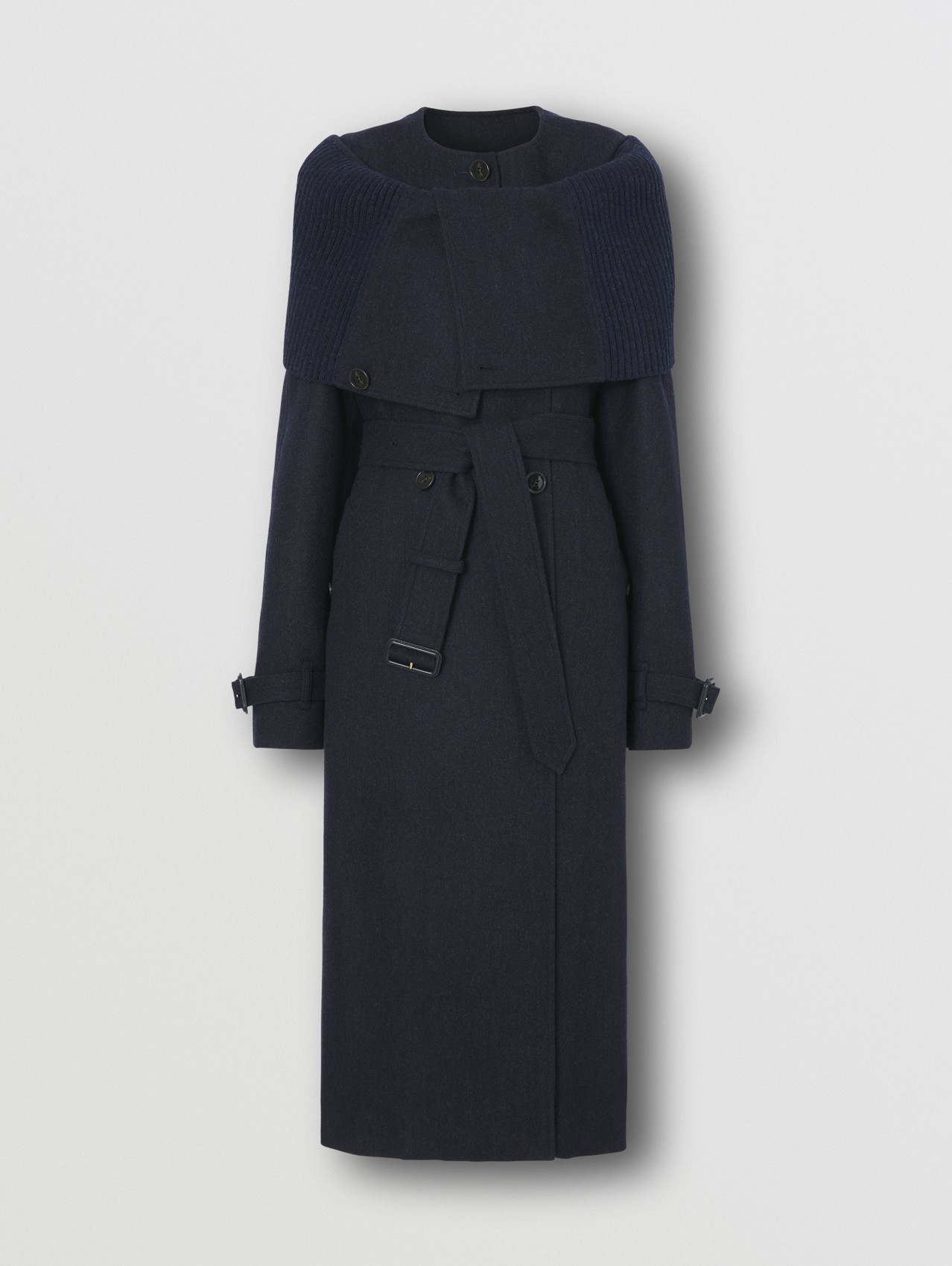 Rib Knit Collar Wool Cashmere Trench Coat in Navy Melange