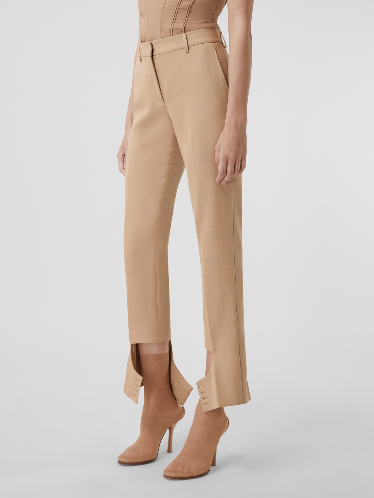 Cut-out Detail Grain De Poudre Wool Tailored Trousers in Dark Biscuit