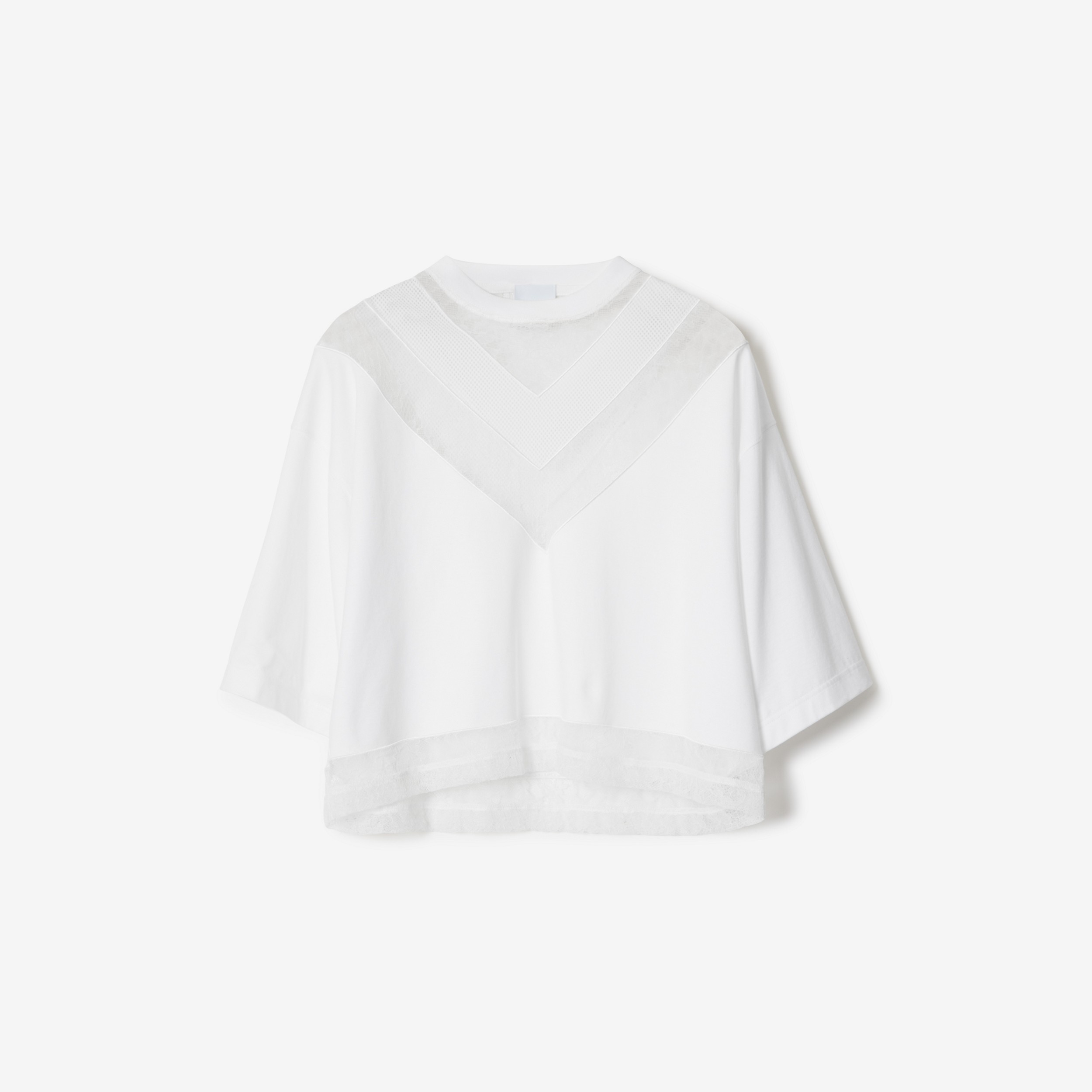 Lace and Mesh Panel Cotton Cropped Top in Optic White - Women | Burberry® Official - 1