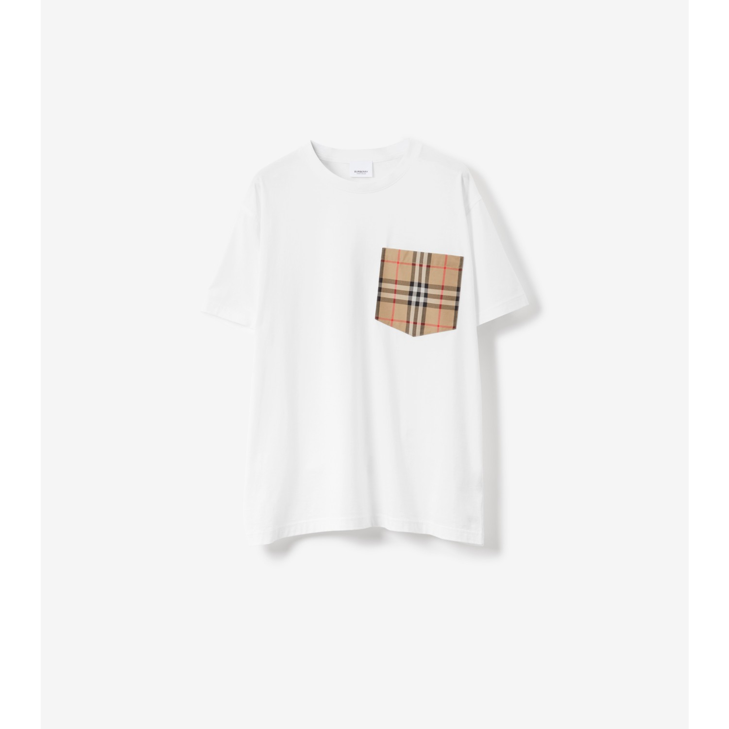 T-shirt oversize en coton avec poche Check (Blanc) - Femme