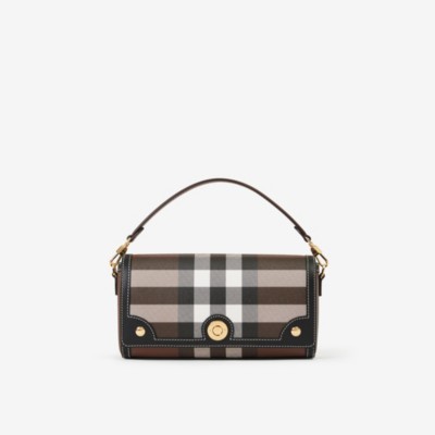 Burberry Check And Leather Top Handle Note Bag In Dark Birch Brown