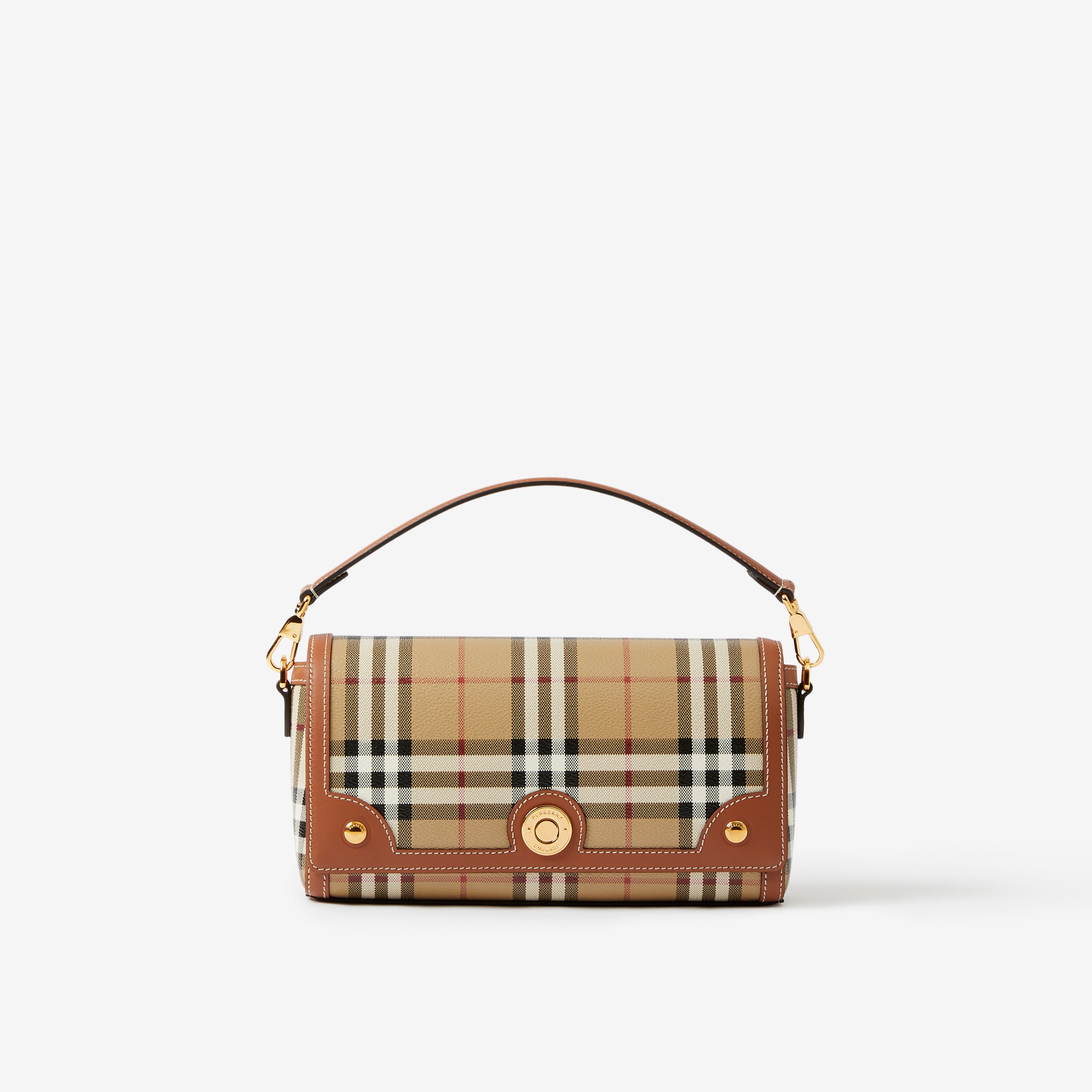 Check and Leather Top Handle Note Bag in Briar Brown - Women | Burberry® Official - 1