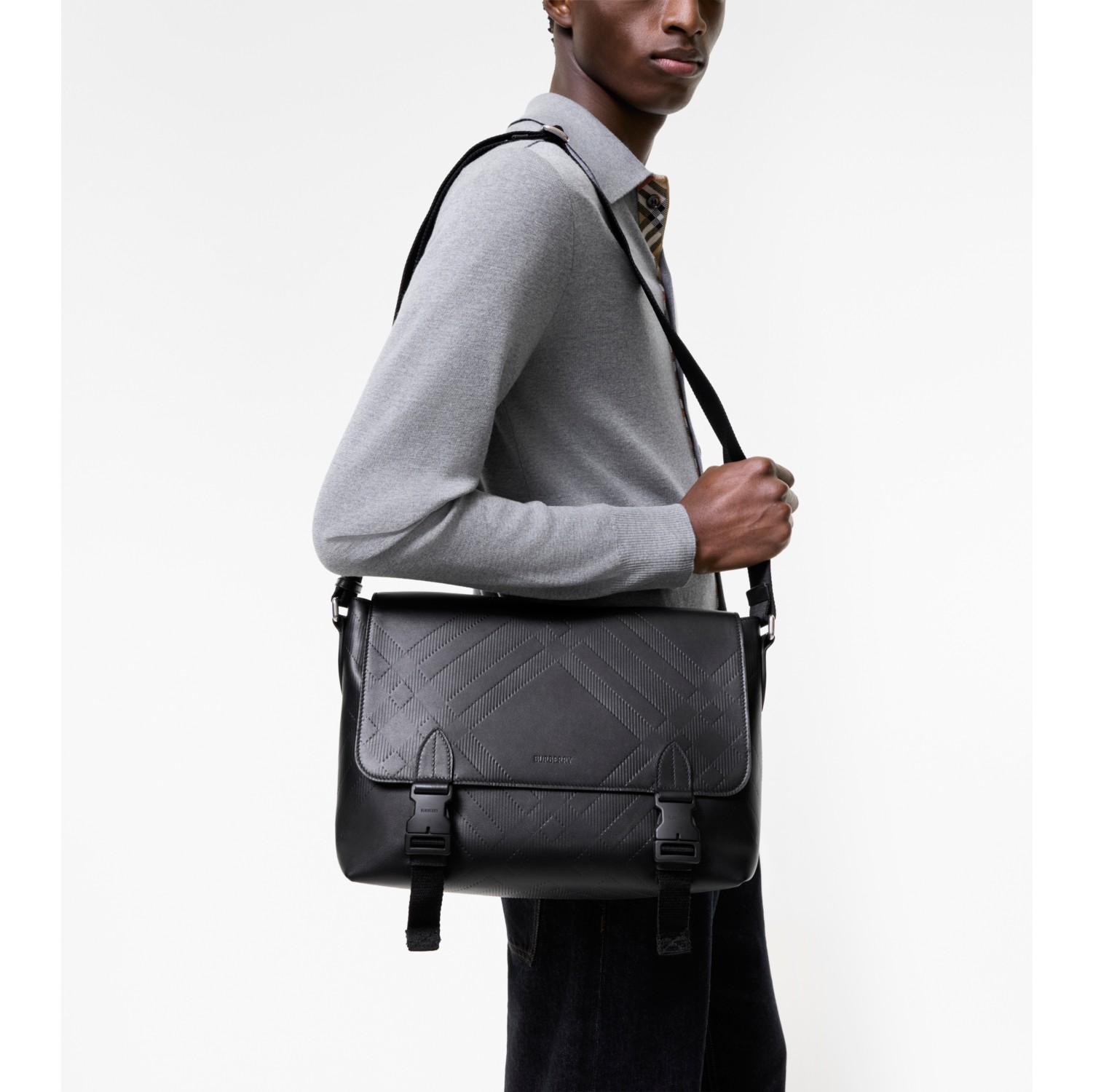 Embossed Check Buckled Messenger Bag​
