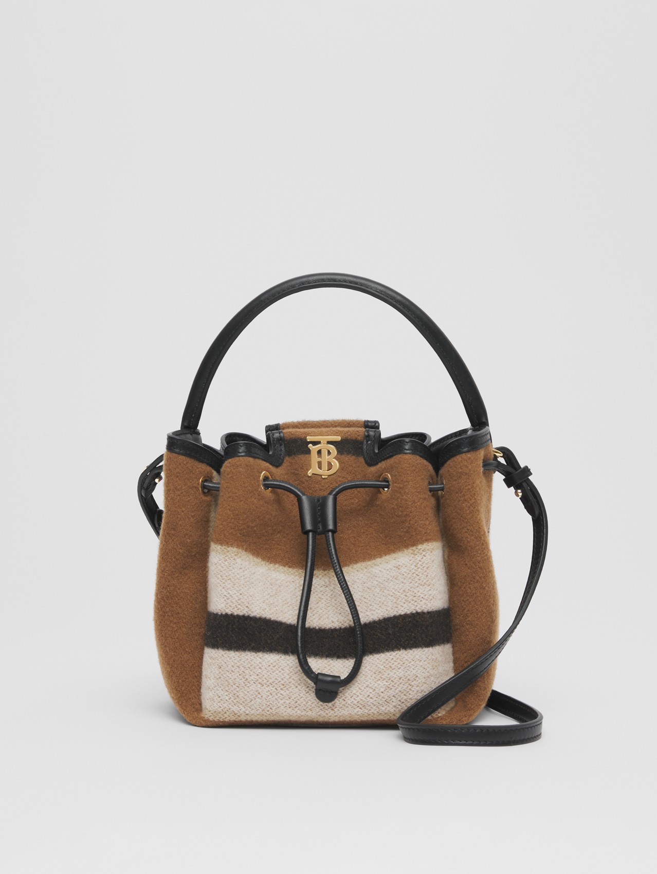 Bucket Bag aus Wolle und Leder mit Streifen und Monogrammmotiv (Warmes Walnussfarben/schwarz)