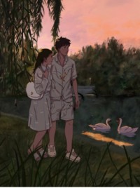 绘画描绘湖滨公园中的一对男女及身旁两只天鹅