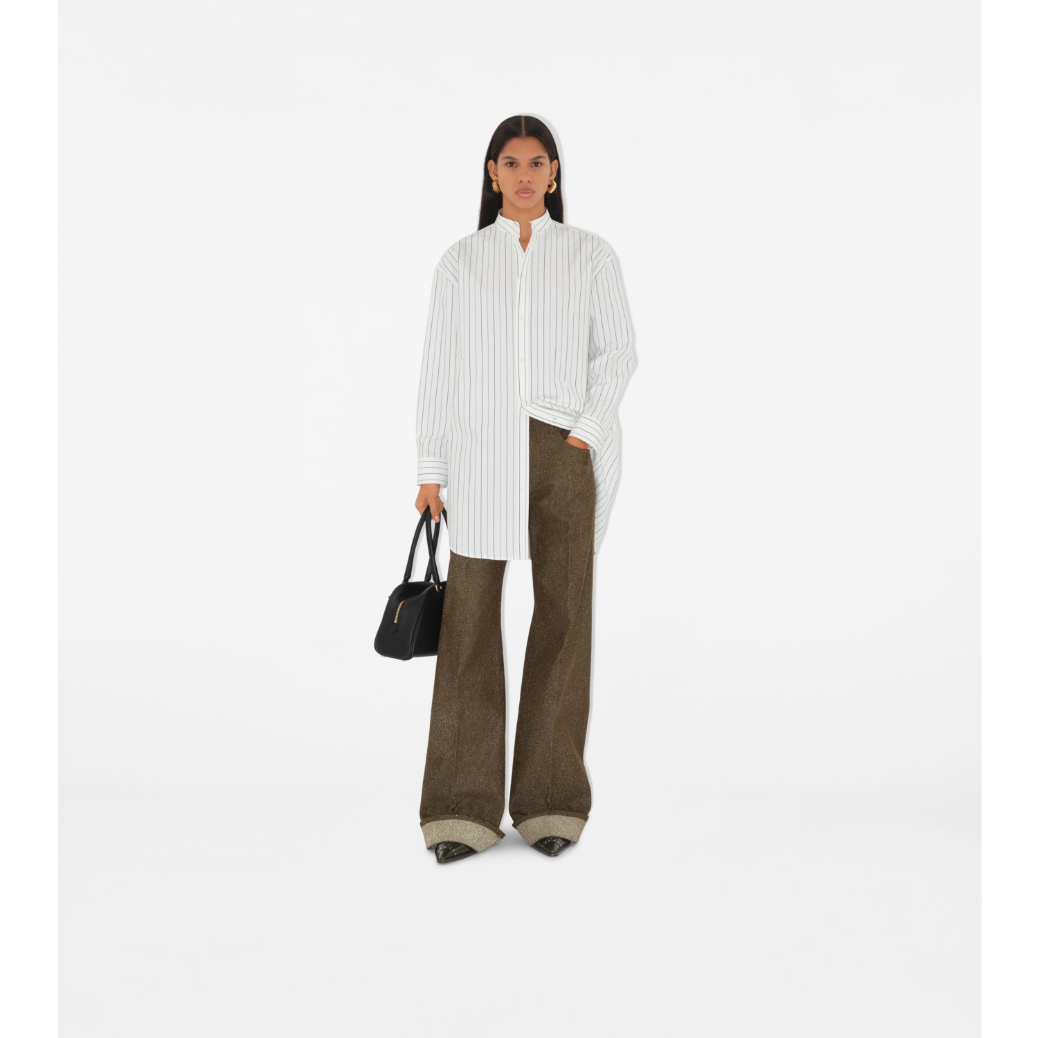 Oversized Striped Cotton Shirt in String/coal - Women | Burberry® Official