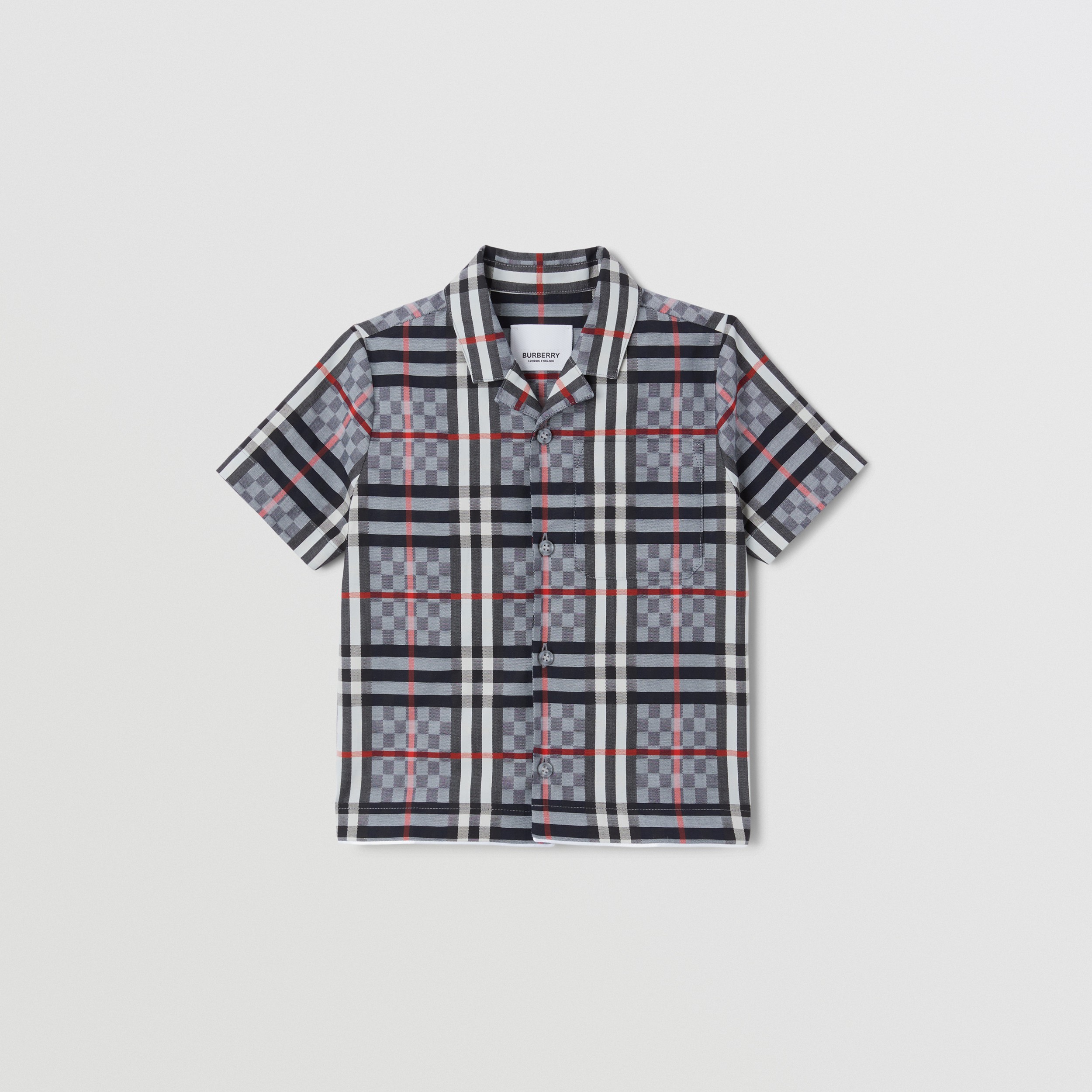 Short-sleeve Chequerboard Stretch Cotton Shirt in Pale Blue - Children | Burberry® Official - 1