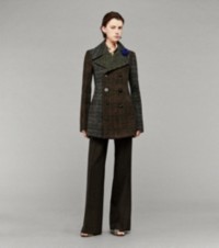 Model wearing Patchwork Tweed Peacoat paired with Green Tailored Trousers and Burberry Check Mules