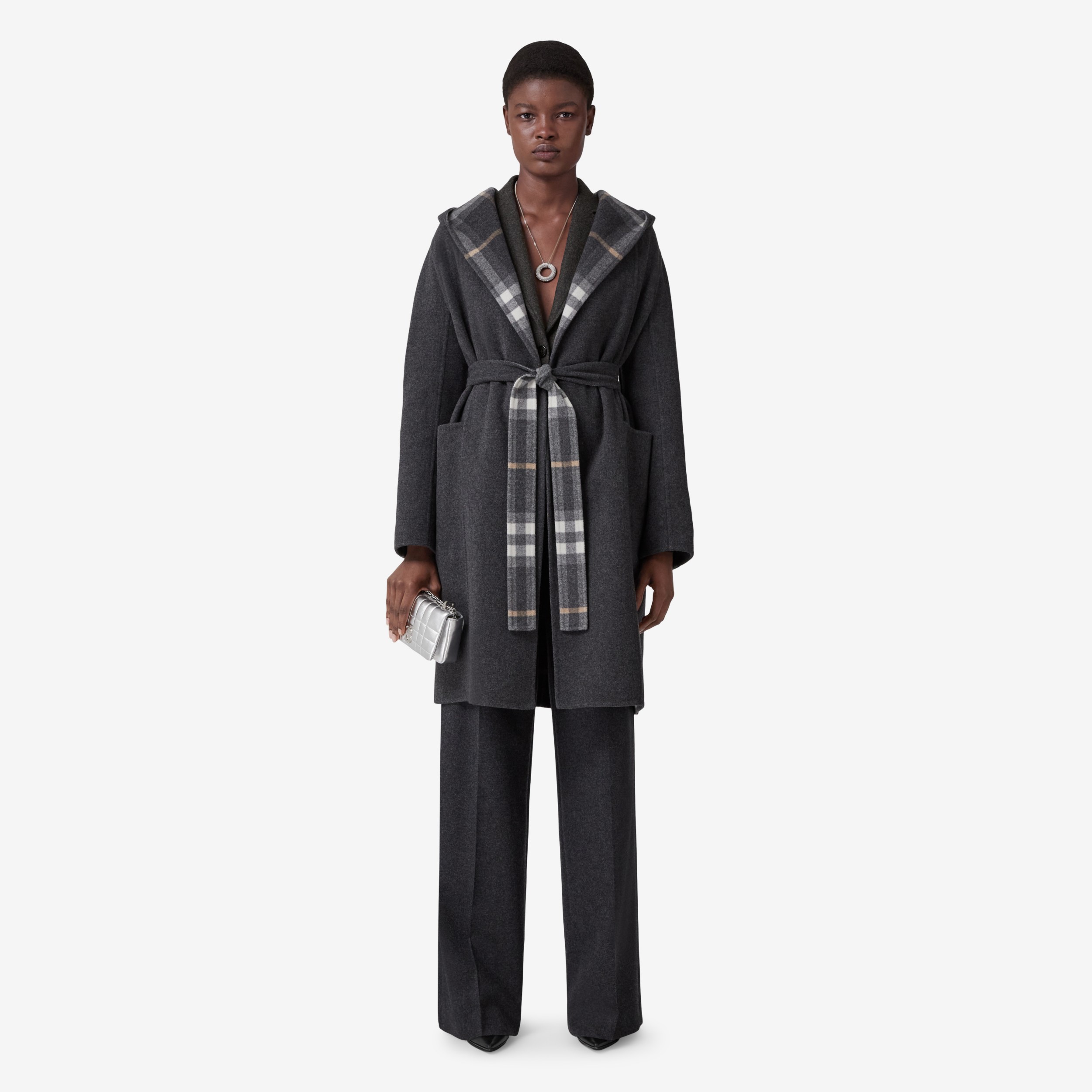 Check Detail Wool Hooded Wrap Coat in Charcoal/grey - Women | Burberry® Official - 2