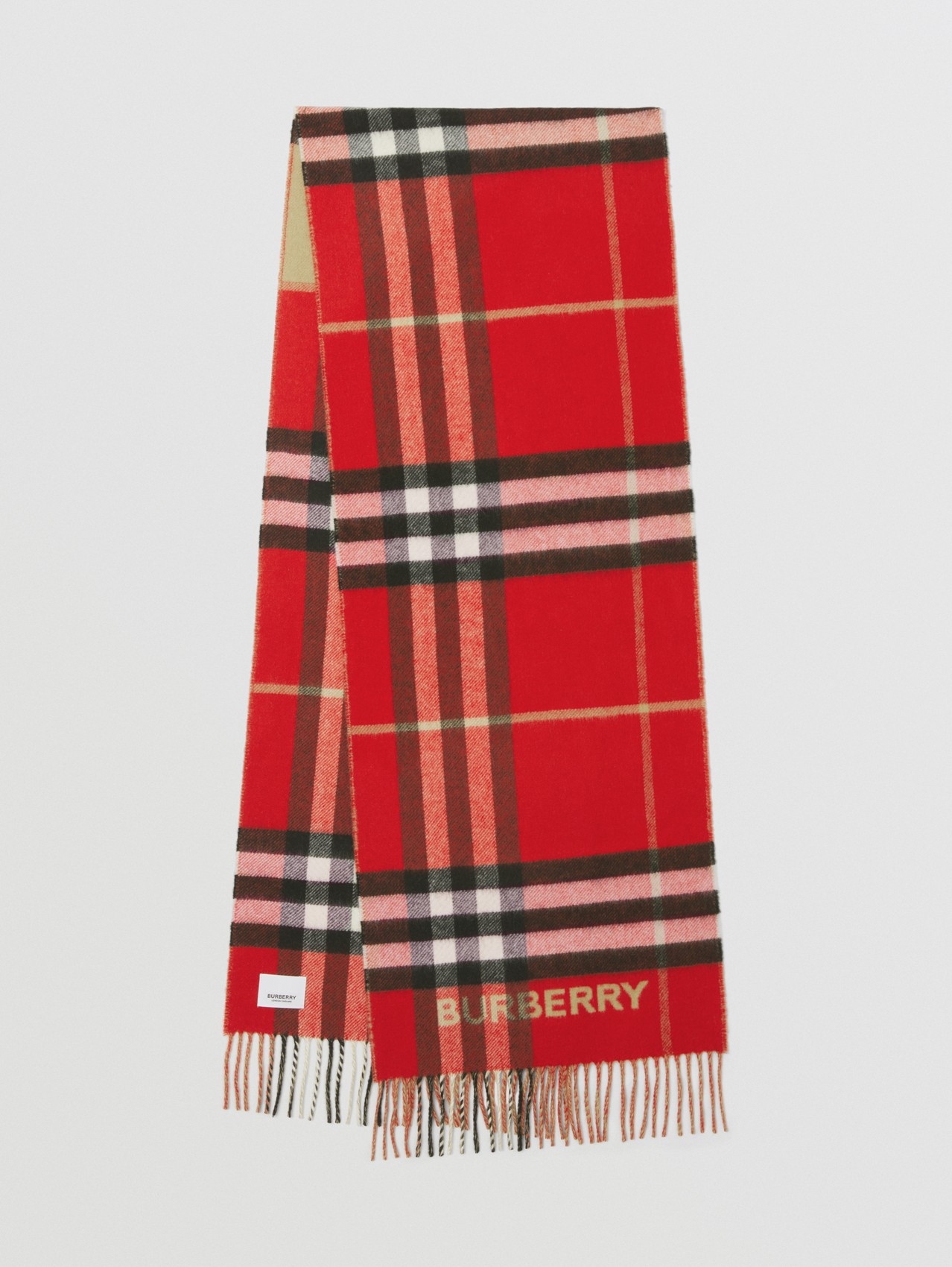 Cachecol de cashmere com xadrez contrastante in Bege Clássico/vermelho