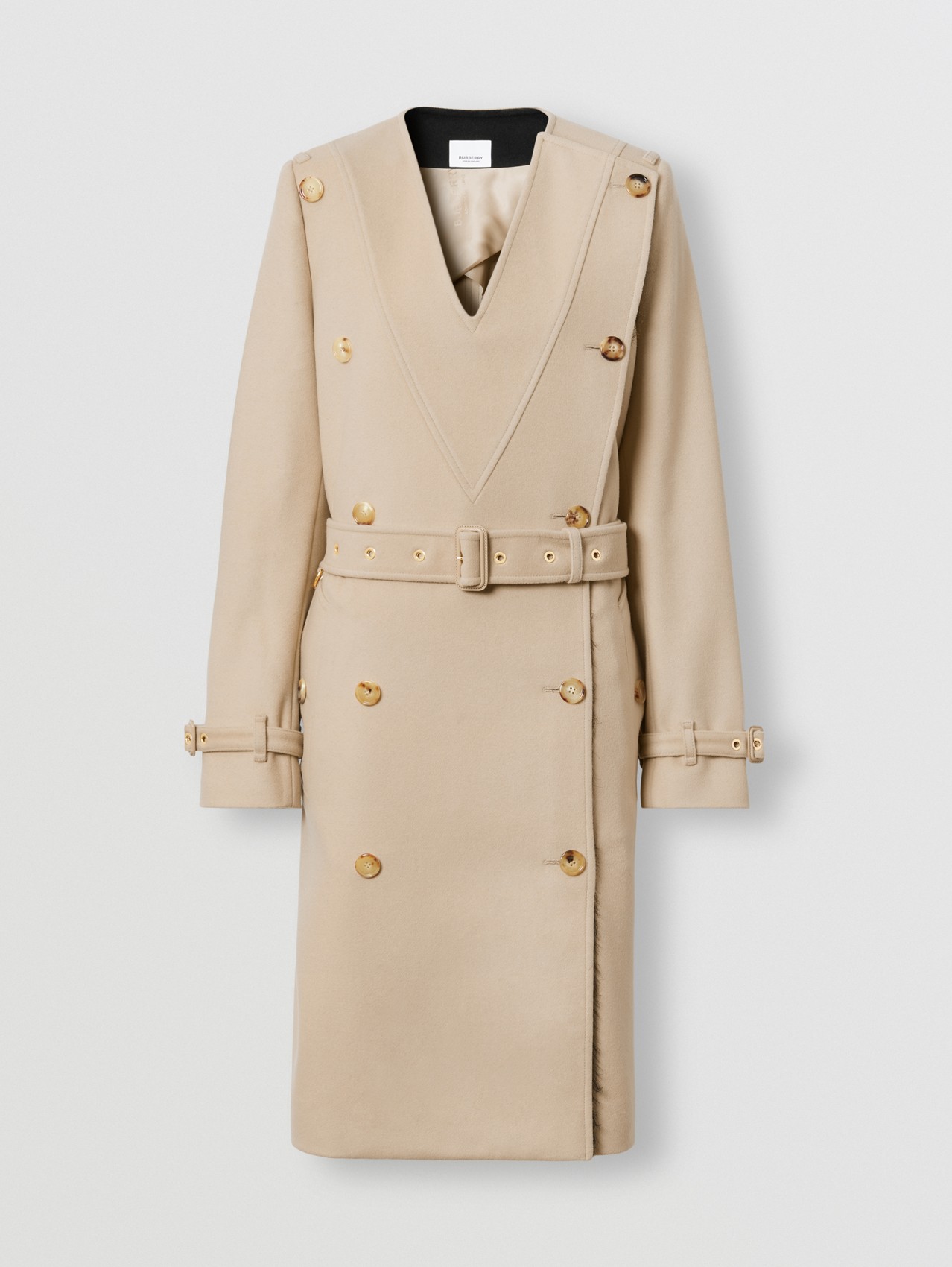 Contrast Facing Wool Cashmere V-neck Trench Coat in Soft Fawn