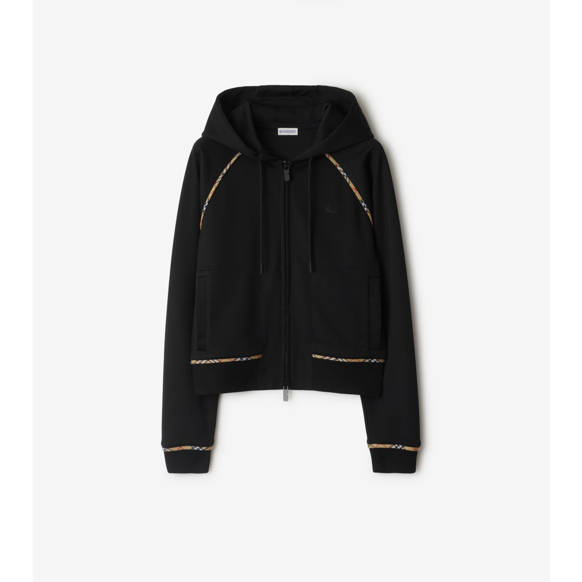 Burberry Check Trim Cotton Blend Zip Hoodie