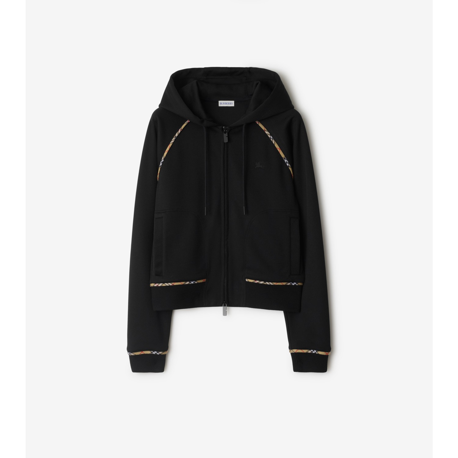 Check Trim Cotton Blend Zip Hoodie