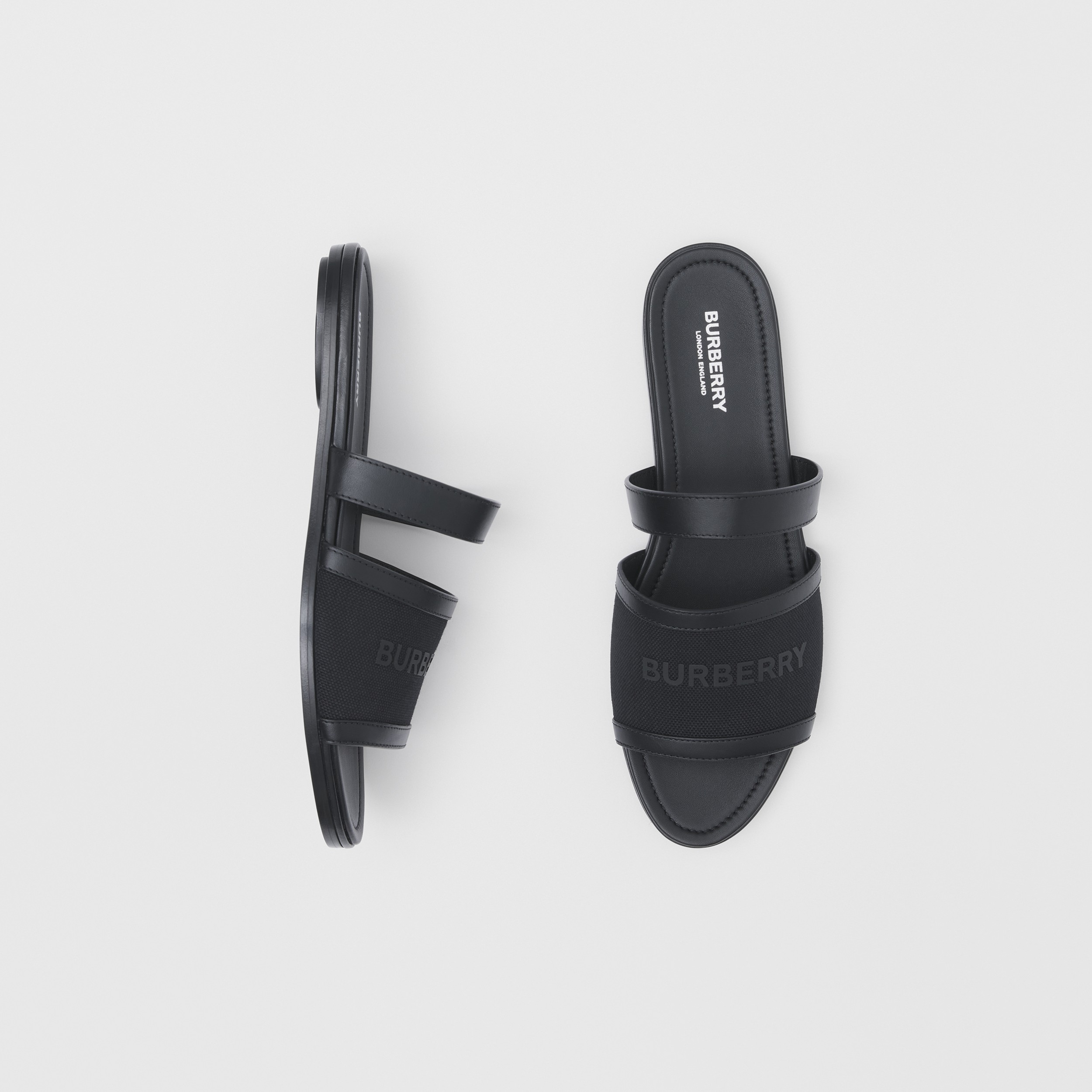 Logo Print Canvas and Leather Sandals in Black - Women | Burberry® Official - 1