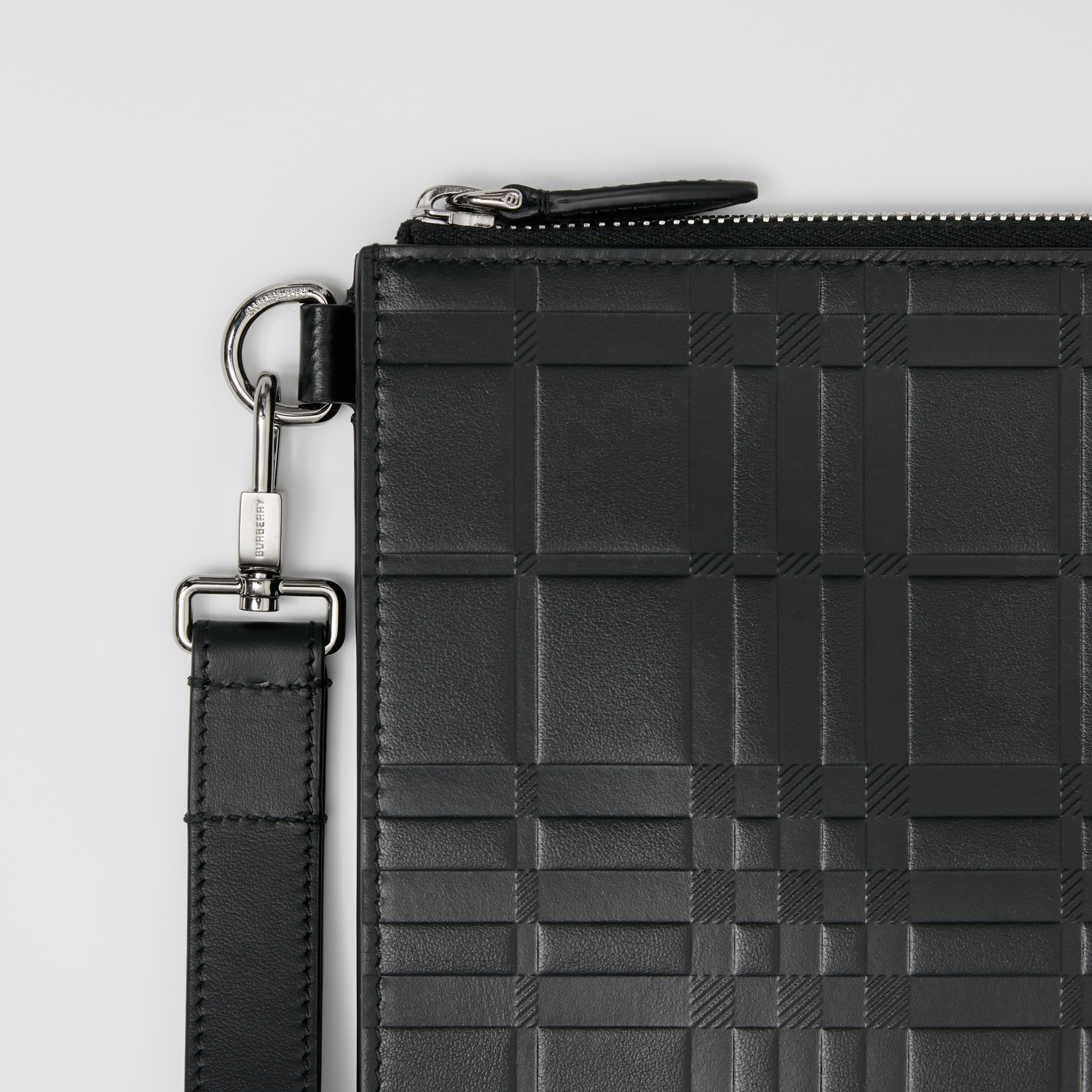 Embossed Check Leather Large Zip Pouch in Black - Men | Burberry® Official