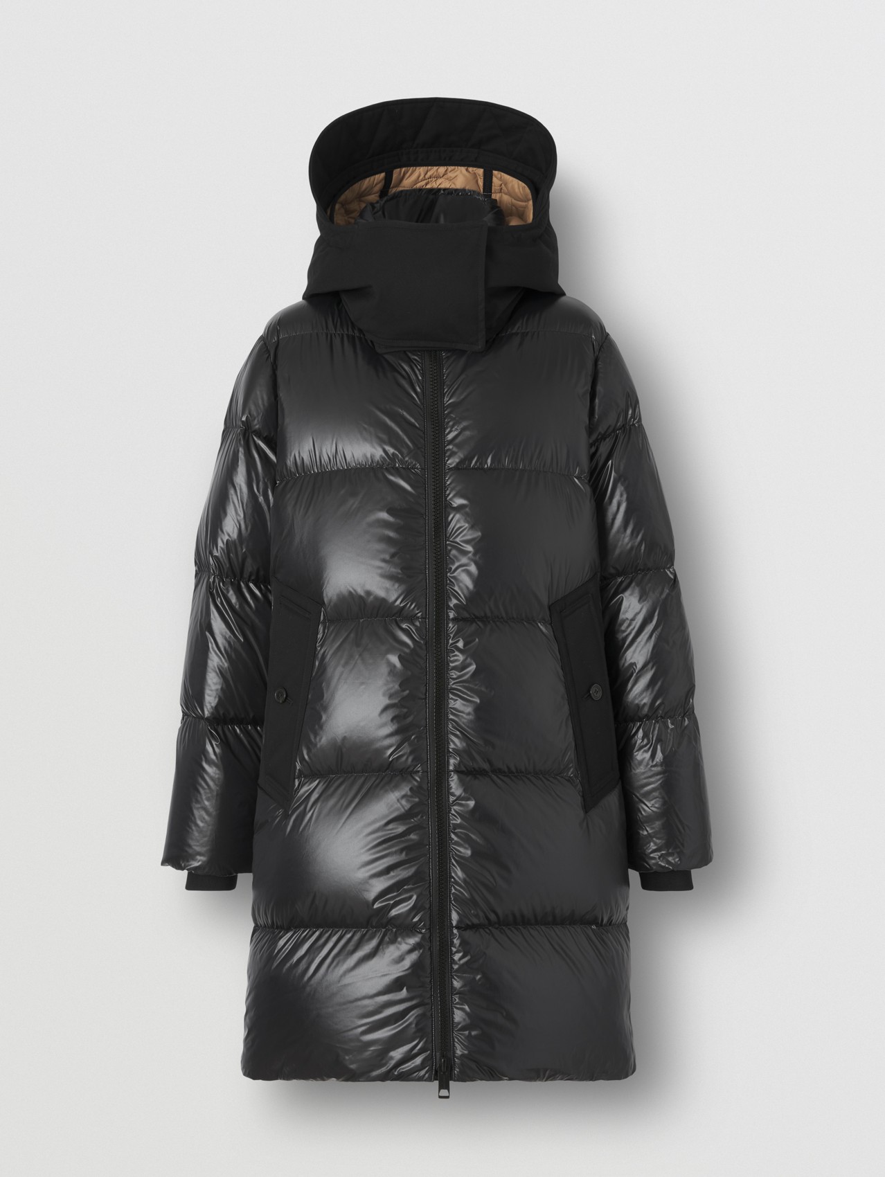 Recycled Nylon Puffer Coat with Detachable Warmer in Black