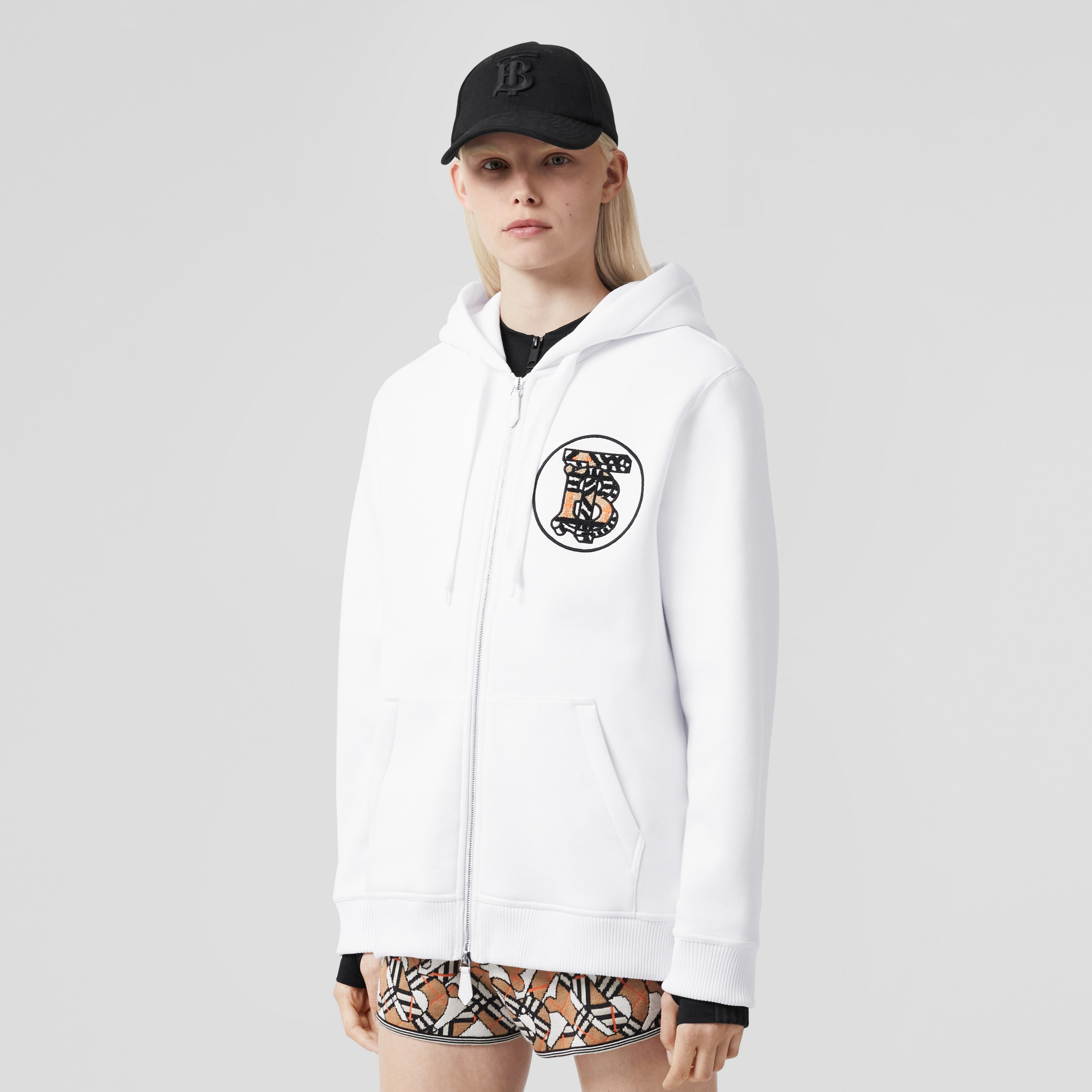 Monogram Motif Cotton Blend Hooded Top in Optic White - Women | Burberry® Official - 1