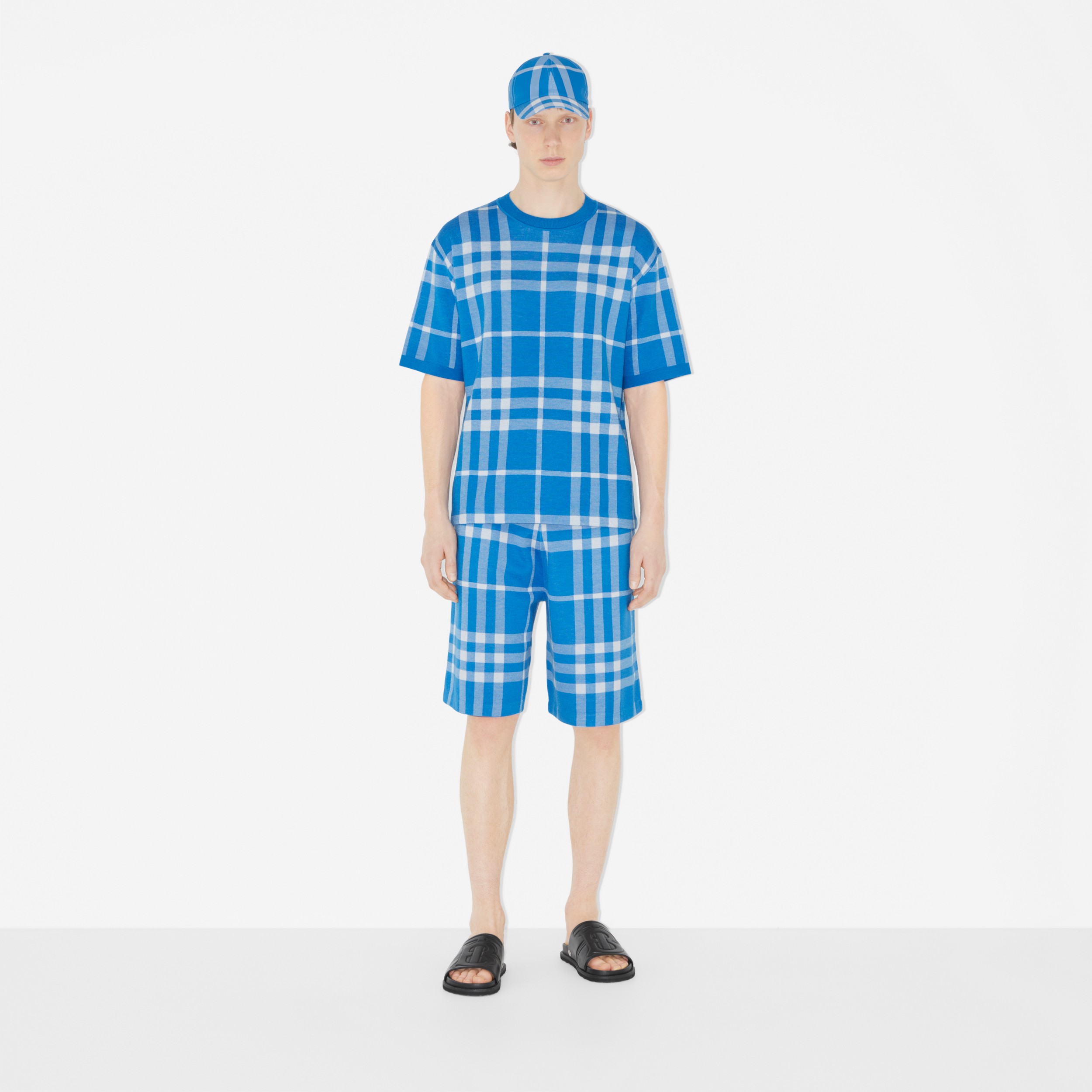 Blusa de mangas curtas em lã e seda com xadrez em jacquard (Azul Vívido) - Homens | Burberry® oficial - 2