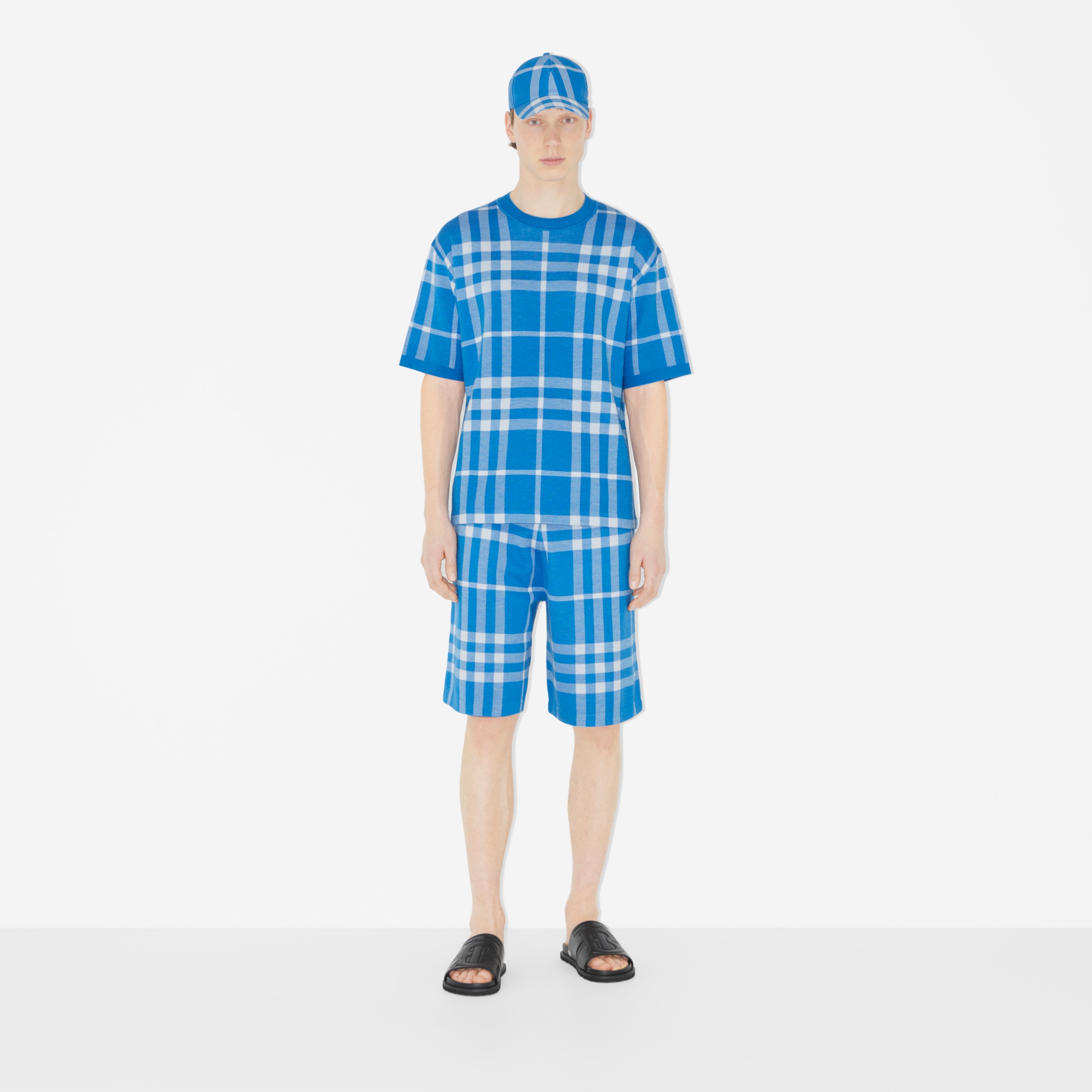 Short-sleeve Check Silk Wool Jacquard Top in Vivid Blue - Men | Burberry® Official - 2