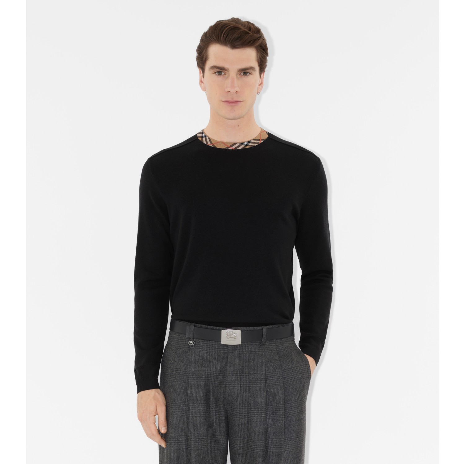 Check Trim Wool Sweater