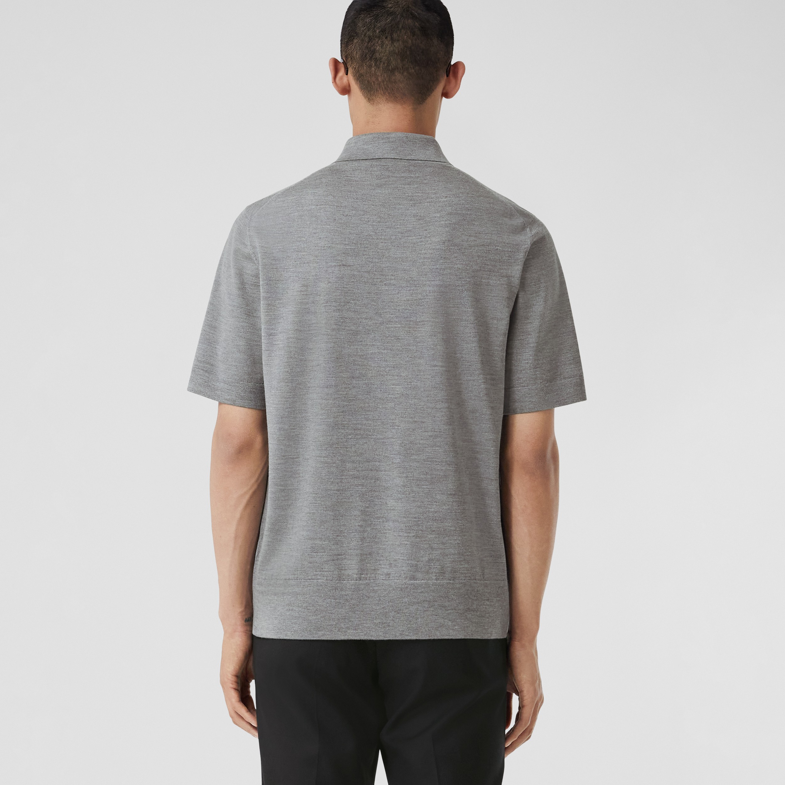 Monogram Motif Wool Silk Blend Polo Shirt in Ash Grey - Men | Burberry® Official - 3