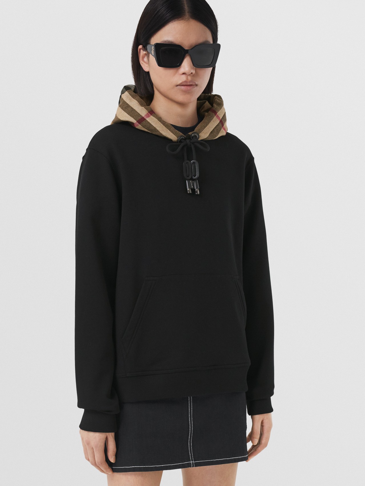 Check Hood Cotton Oversized Hoodie in Black