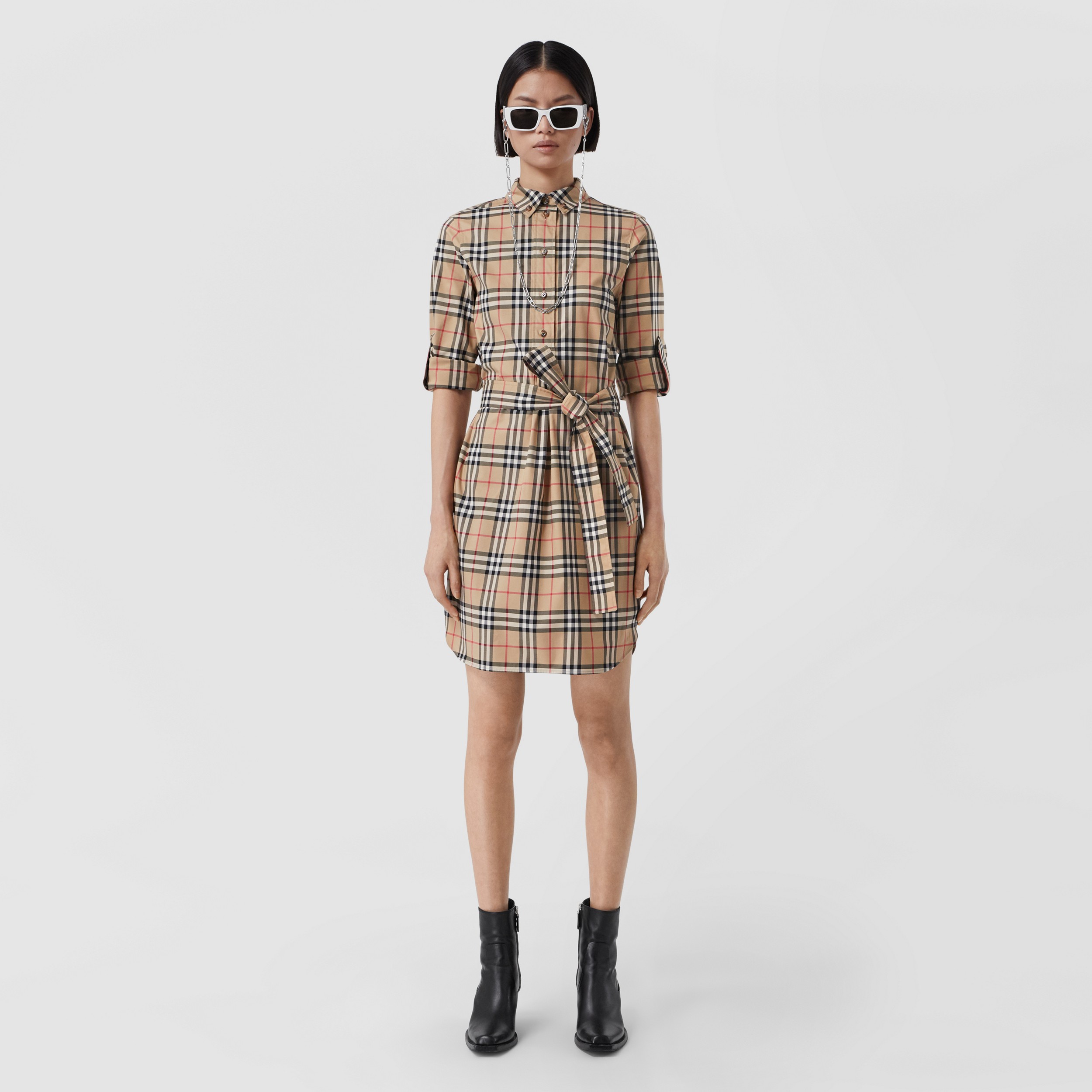 Vintage Check Stretch Cotton Tie-waist Shirt Dress in Archive Beige |  Burberry® Official